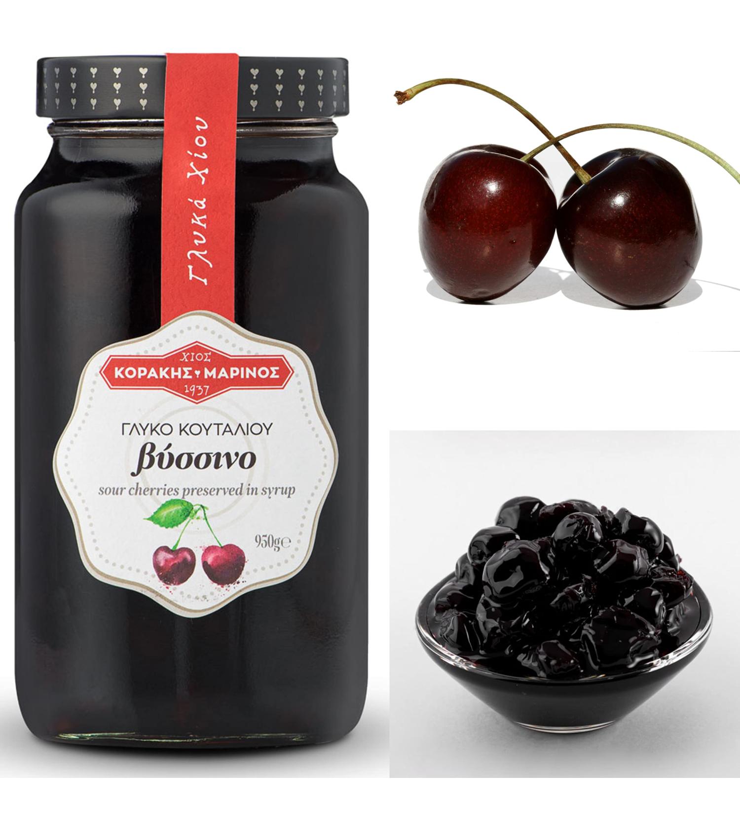 KORAKIS-MARINOS | Greek Sweet Fruit Preserve Sour Cherry in Syrup | Handmade Spoon Sweet Compote | Net Weight 950g Glass Jar - Buy Online on GoSupps.com