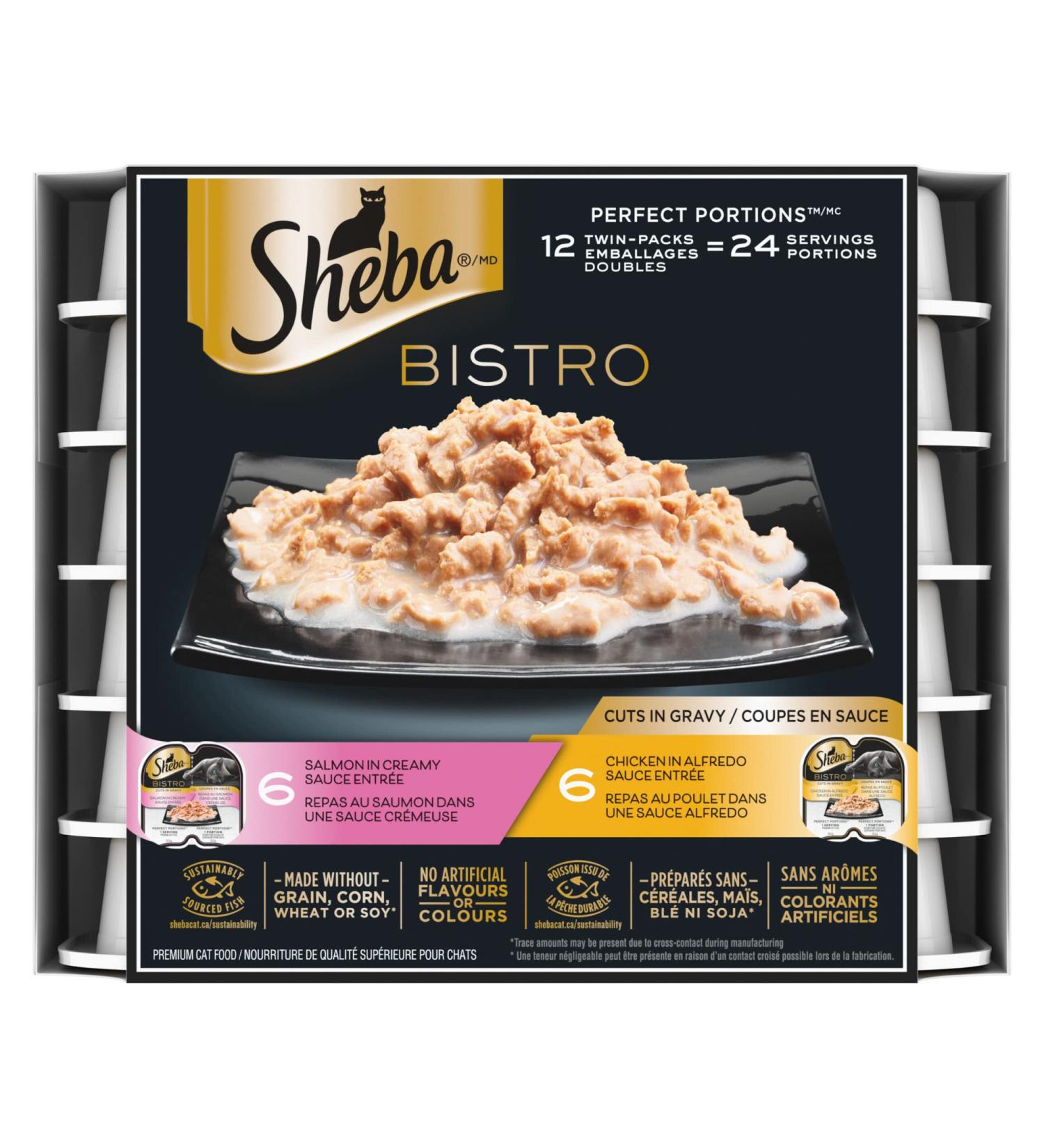 SHEBA Bistro Perfect PORTIONS Cat Food Wet Adult Cuts in Gravy Chicken in Alfredo Sauce and Salmon in Creamy Sauce Entr e Variety Pack of 12 75g Trays Cuts in Gravy Variety Pack 75 g (Pack of 12) - Buy Online on GoSupps.com