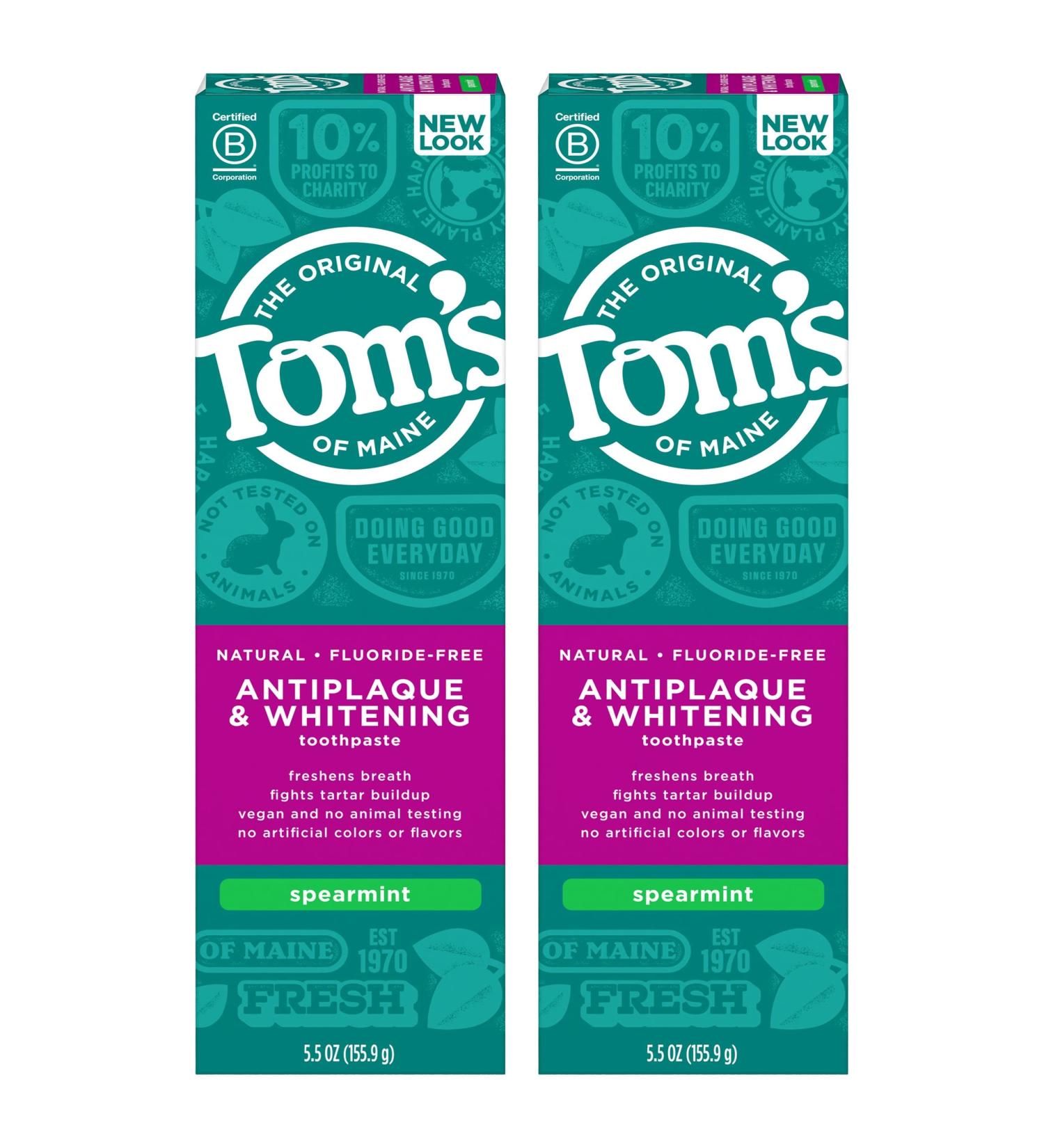 Tom's of Maine Fluoride-Free Antiplaque & Whitening Toothpaste 2-Pack - Spearmint 5.5 oz - Natural Ingredients - Packaging May Vary - Buy Online on GoSupps.com