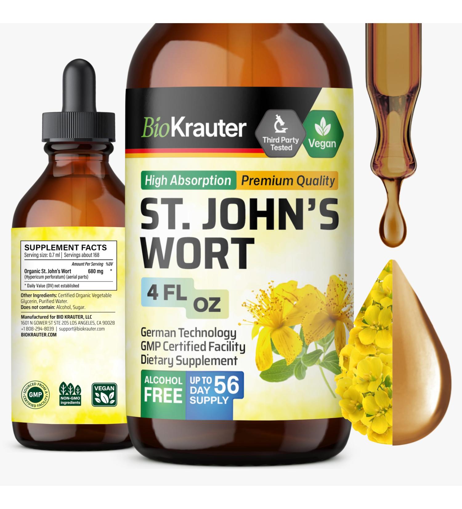 BIO KRAUTER St Johns Wort Tincture - Hypericum Perforatum Liquid Extract for Mood Support - High Absorption - St Johns Wort Alcohol Free Vegan Drops 4 Fl.Oz. 4 Fl Oz (Pack of 1) - Buy Online on GoSupps.com