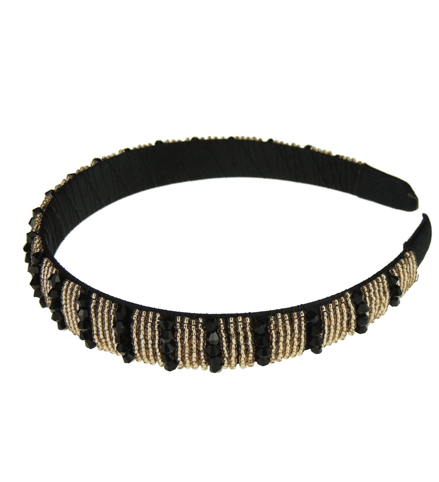 Womens Sparkly Beaded Jeweled Embellished Crystal Birthday Party Wedding Bridal Special Occasion Hair Accessories Narrow 2cm Short Long Hair Headband Alice Band Hairband (Black Gold)