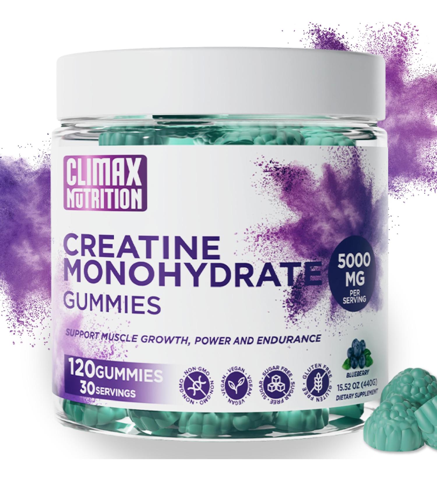 Creatine Monohydrate Gummies - Vegan Sugar-Free Gluten-Free | Boost Muscle Recovery & Growth | Brain Health Support | Blueberry Flavor - 120 Gummies - Buy Online on GoSupps.com