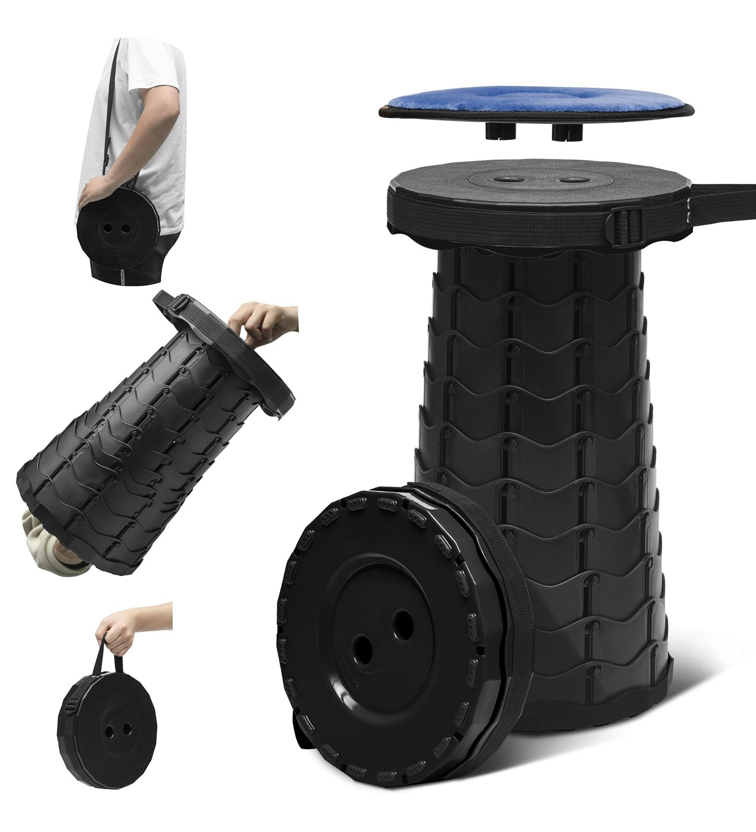 Portable Folding Stool for Adults - Lightweight Telescopic Seat, 500 LB Capacity - Ideal for Camping, Fishing, BBQ - Indoor/Outdoor Use - Black - Buy Online on GoSupps.com