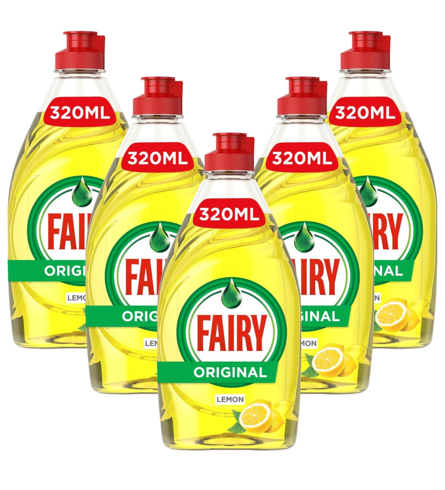 Fairy Washing Up Liquid Multipack Original Lemon Fragrance 320ml | Powerful Grease Cutting | Concentrated Dishwasher Detergent | (Pack of 5) 320.00 ml (Pack of 5) - Buy Online on GoSupps.com