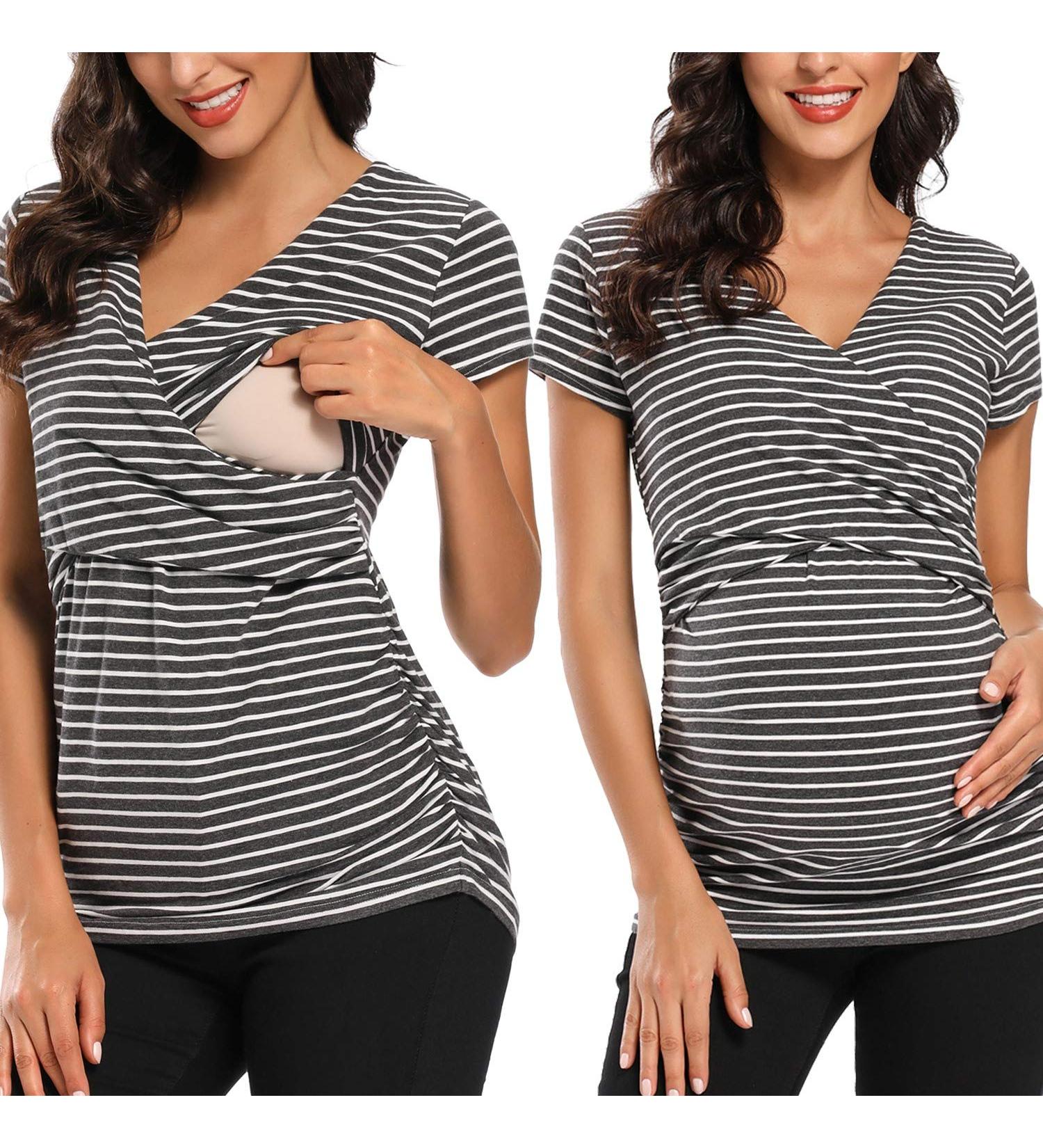 Love2Mi Maternity Nursing Shirt | Short Sleeve V-Neck Breastfeeding T-Shirt | Pregnancy Top - Dark White Stripe - Buy Online on GoSupps.com