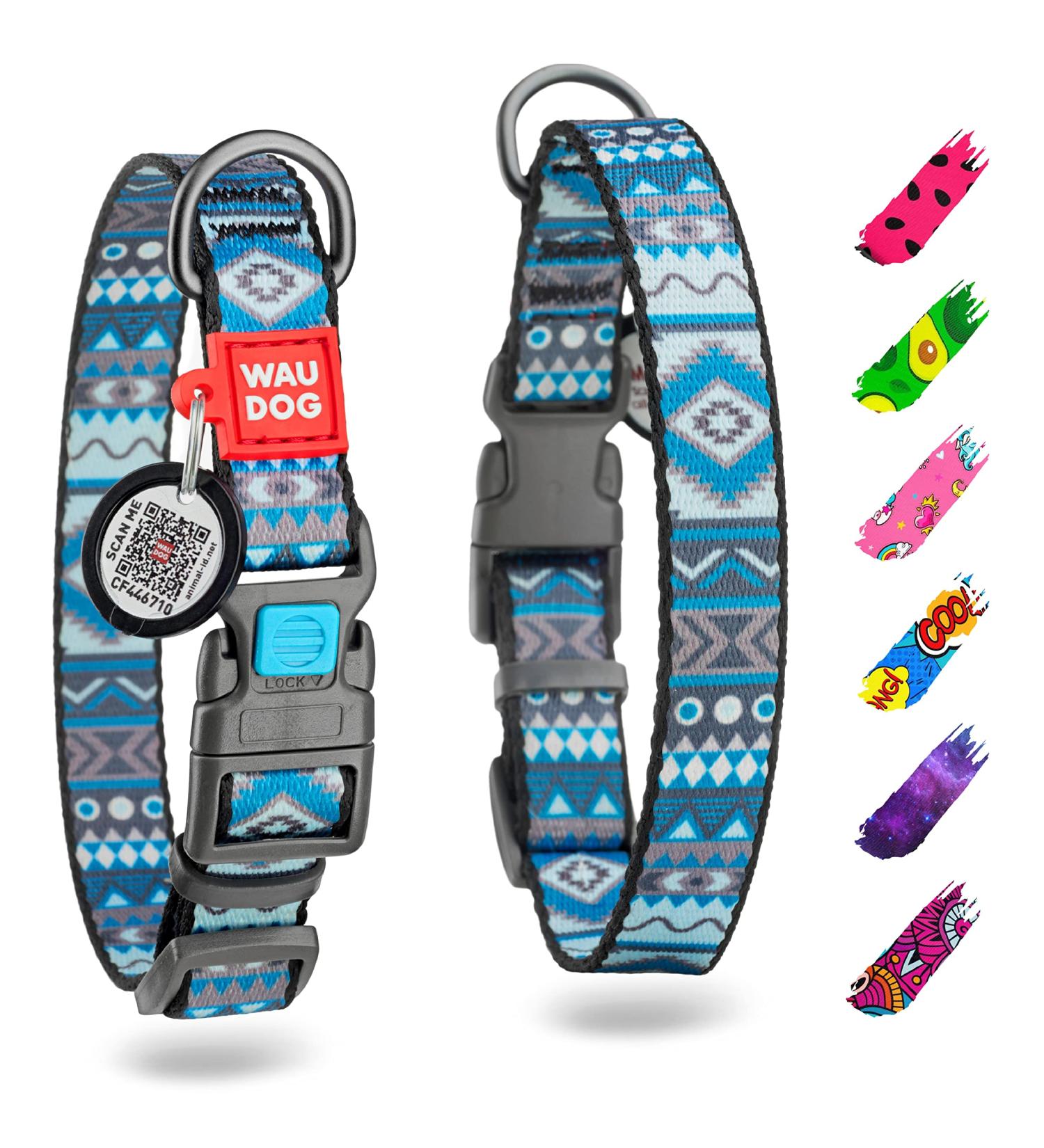 Waudog Ethno Blue Nylon Dog Collar for Large & Medium Dogs - Adjustable 23-35 cm 15 mm Width | Perfect for Puppies & Small Breeds - Buy Online on GoSupps.com