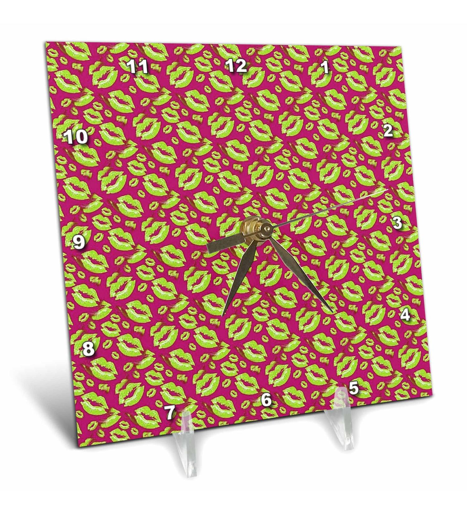 3dRose 6x6 Desk Clock - Two Kisses Collided Lip Smacking Lime Colored Lips Pattern Pattern - Lipstick Kisses
