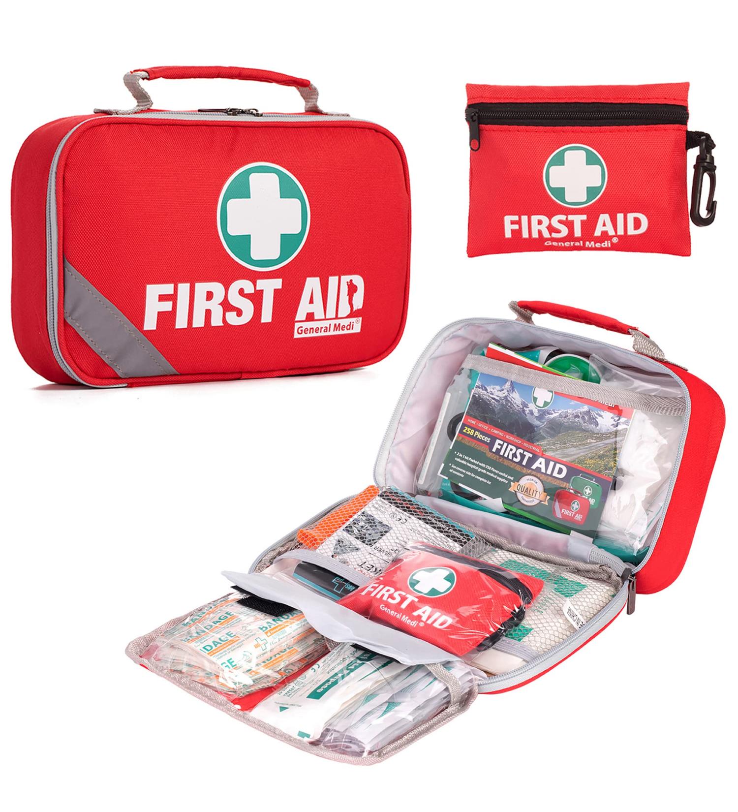 215 Piece 2-in-1 First Aid Kit + Bonus 43 Piece Mini Kit with Eyewash, Ice Pack, Moleskin Pad, and Emergency Blanket for Travel, Home, Office, Car, Workplace - Buy Online on GoSupps.com