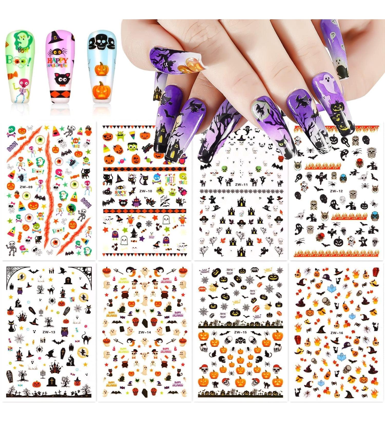 Kalolary Halloween Nail Art Stickers Decals 8 Sheets Self-Adhesive Nail Art Sticker Decals Pumpkin/Bat/Ghost/Witch/Skull Elements Nail Decorations for Halloween Party - Buy Online on GoSupps.com