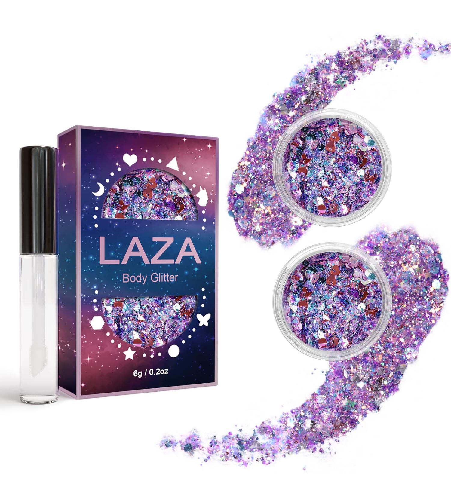 Laza Body Glitter - 2 Jars Iridescent Sequins & Glitter Glue for Eyeshadow Face Paint & Festival Looks | Colorful Purple Hair Accessories & Party Costumes - Buy Online on GoSupps.com