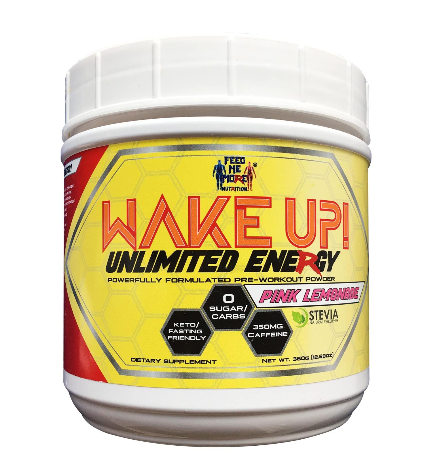 Wake UP Unlimited Energy Stevia Pre Workout Powder Drink - 0 Calorie, Non GMO, Gluten Free, Keto Friendly - Pink Lemonade Flavor - 30 Servings - Buy Online on GoSupps.com