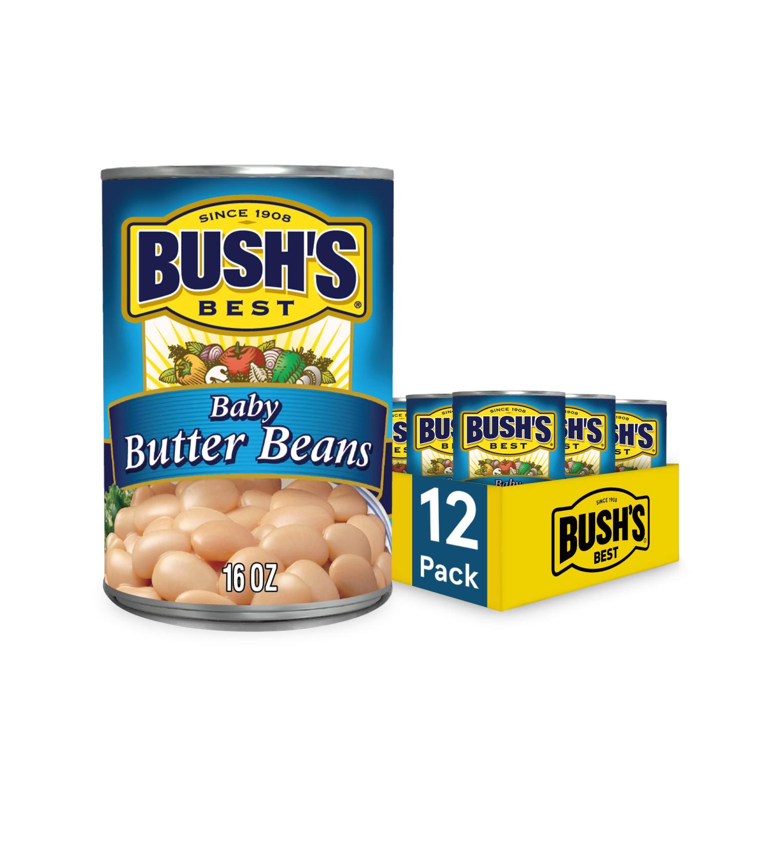 BUSH'S BEST Canned Baby Butter Beans (Pack of 12) - Plant Based Protein, Fiber, Low Fat, Gluten Free - 15.5 oz - Buy Online on GoSupps.com