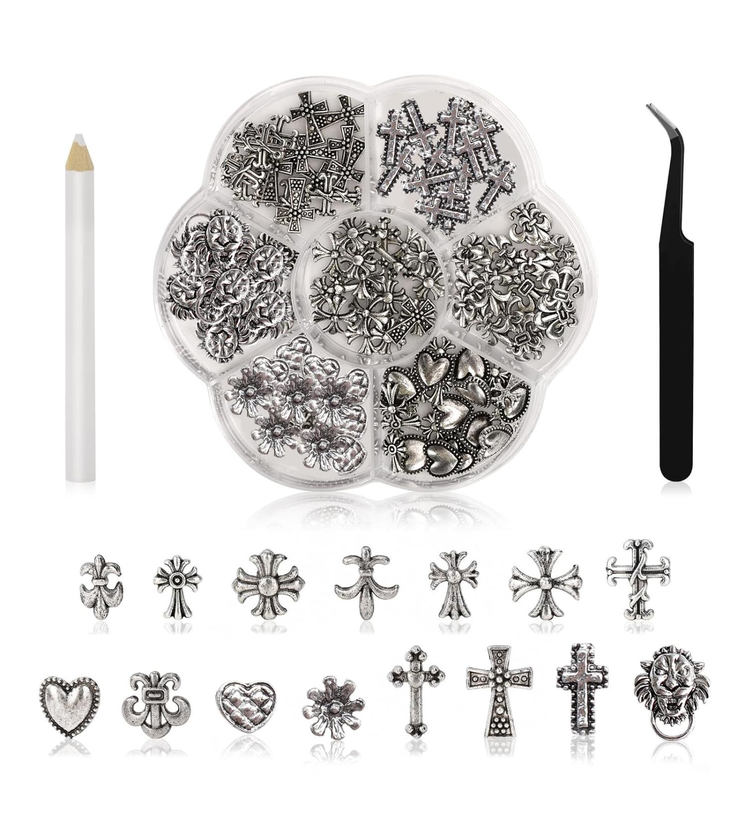Ruzister 75-Piece 3D Nail Charts - Gothic Retro-Punk Metal Nail Art Charms - Silver Cross & Heart Decorations for Manicure - Buy Online on GoSupps.com