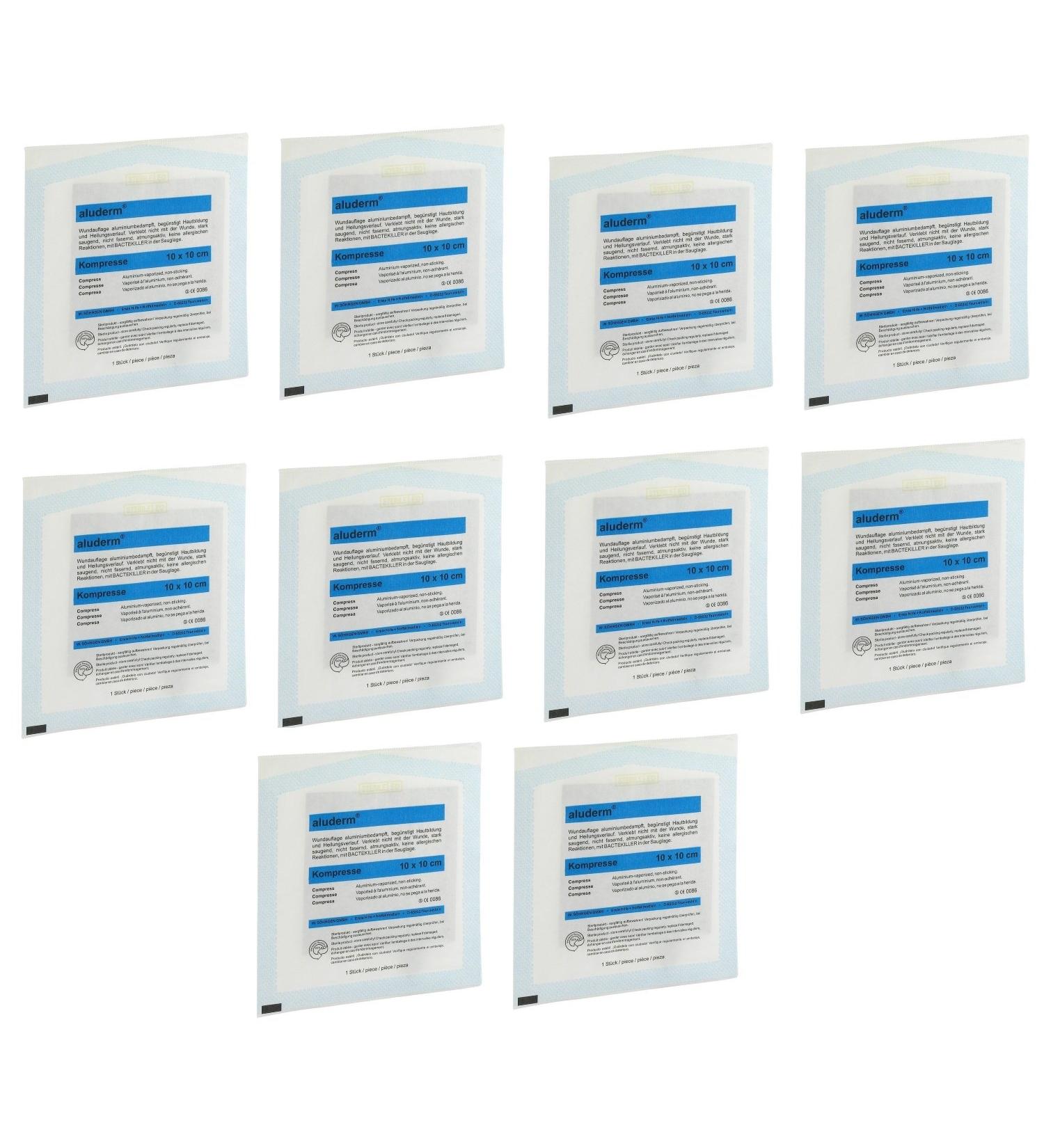 Pack of 10 aluderm compresses individually sterile in peel pack 10 x 10 cm