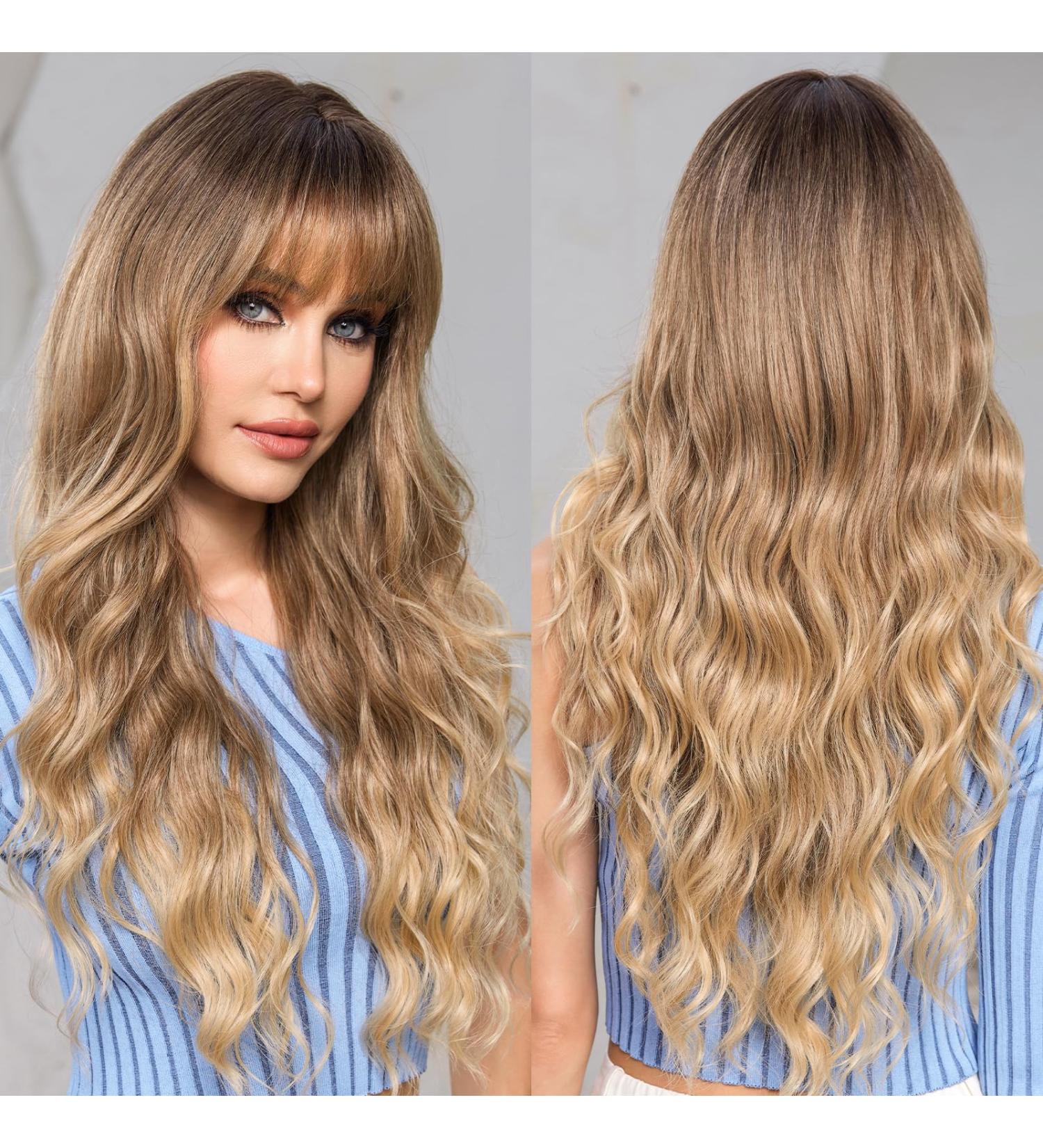 EMMOR Ombre Ash Blonde Highlight Color Wigs with Bangs - Long Curly Synthetic Wig for Women | Heat Resistant Fiber, Natural Look - Buy Online on GoSupps.com