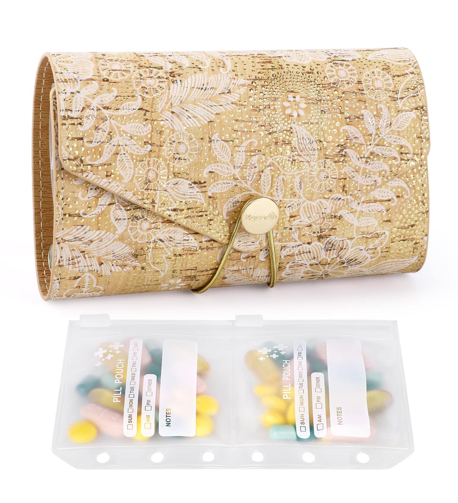 Natural Cork Bag Pill Organizer - 2x Daily 10 EVA Pouch Set (Golden) | Exquisite Design for International Shipping - Buy Online on GoSupps.com