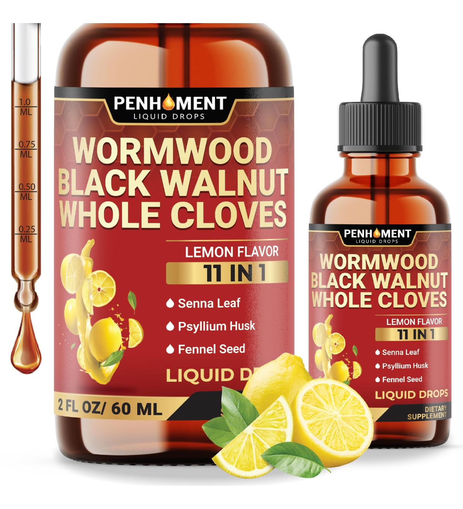 Penhoment 11in1 Wormwood Liquid Drops with Black Walnut Cloves, Vitamin C and D3 & 6 More - 2 FL OZ for 60 Days - Lemon Flavor - Buy Online on GoSupps.com