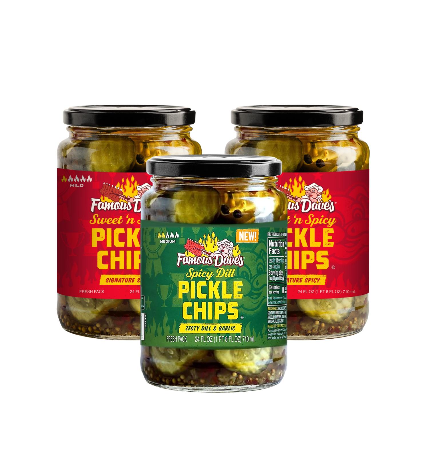Famous Dave's Pickles Variety Pack - 3 Jars of Spicy Dill & Garlic, Sweet & Spicy Pickle Chips (24 oz each) - Delicious Pickle Assortment - Buy Online on GoSupps.com