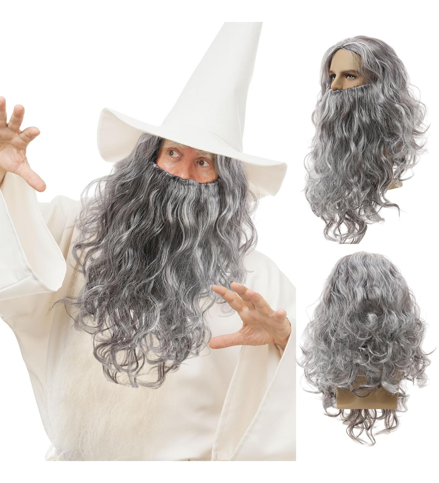 UILYNIU Wizard Wig and Long Beard Men's Long Curly Grey Wig Cosplay Wizard Sorcerer Prophet Wig for Carnival Halloween Christmas Costume Wigs Old Men Cosplay Wig Adult Fancy Dress Party Wig (Grey) - Buy Online on GoSupps.com