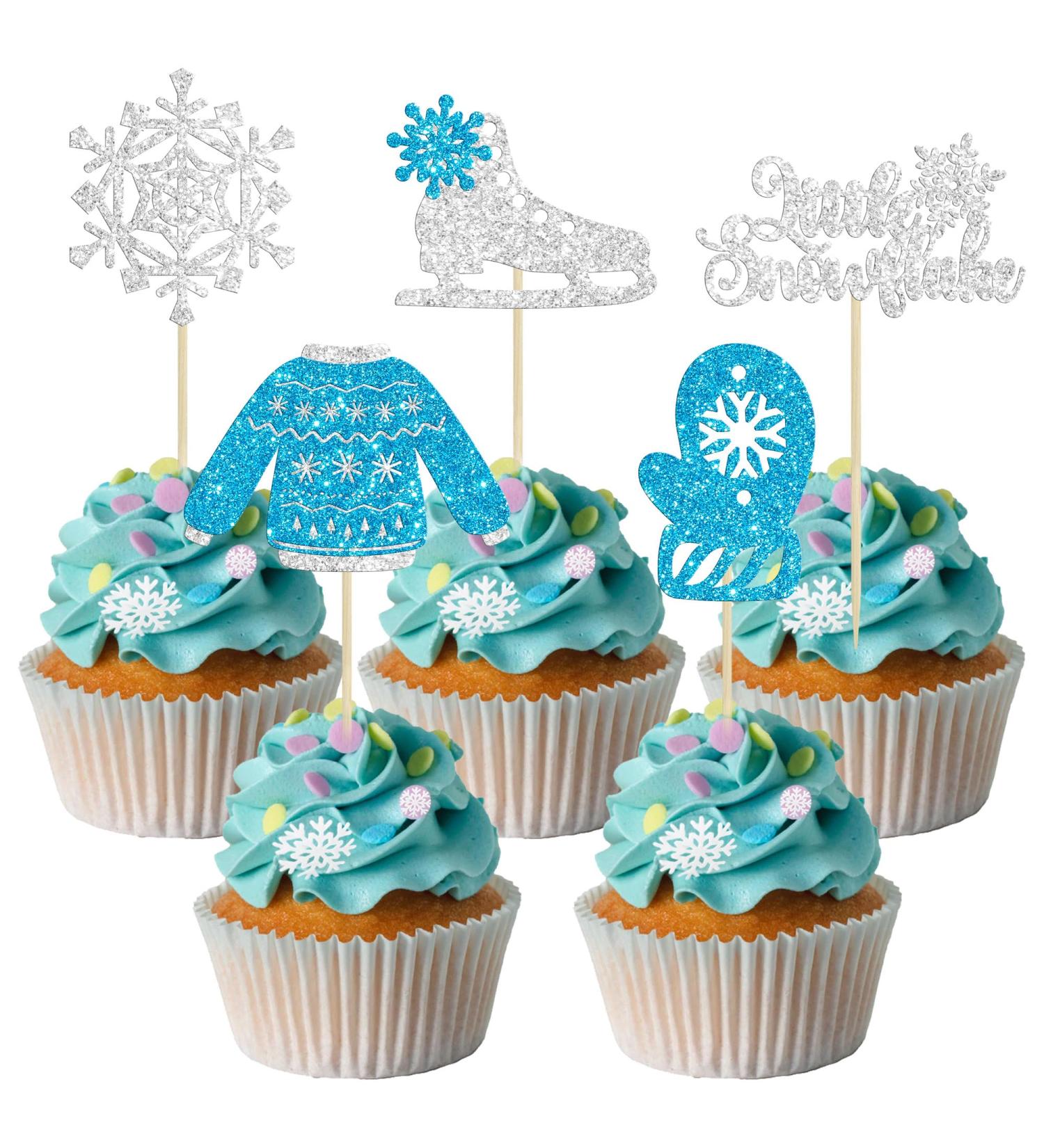 Gyufise 30Pcs Little Snowflake Cupcake Toppers Glitter Skate Shoe Gloves Sweater Cake Topper Decorations for Snowflake Theme Winter Wonderland Baby Shower Birthday Party Supplies Blue Little Snowflake Blue - Buy Online on GoSupps.com