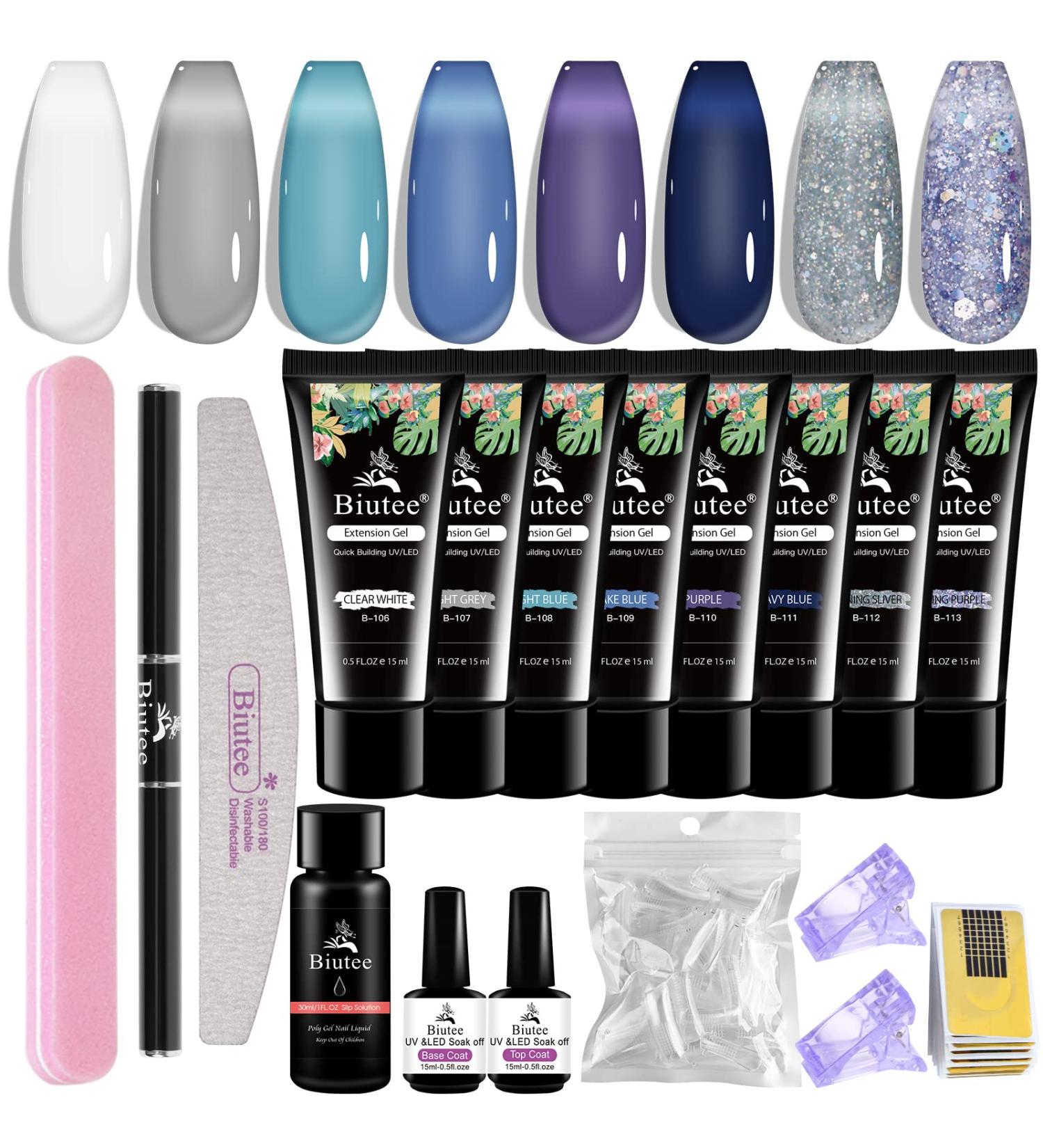 Poly Nail Extension Gel Kit - 8 Colors Builder Poly Nails Gel Set with Glitter, Base Top Coat, French Manicure Set - Perfect Valentine's Day Gift for Beginners - Buy Online on GoSupps.com
