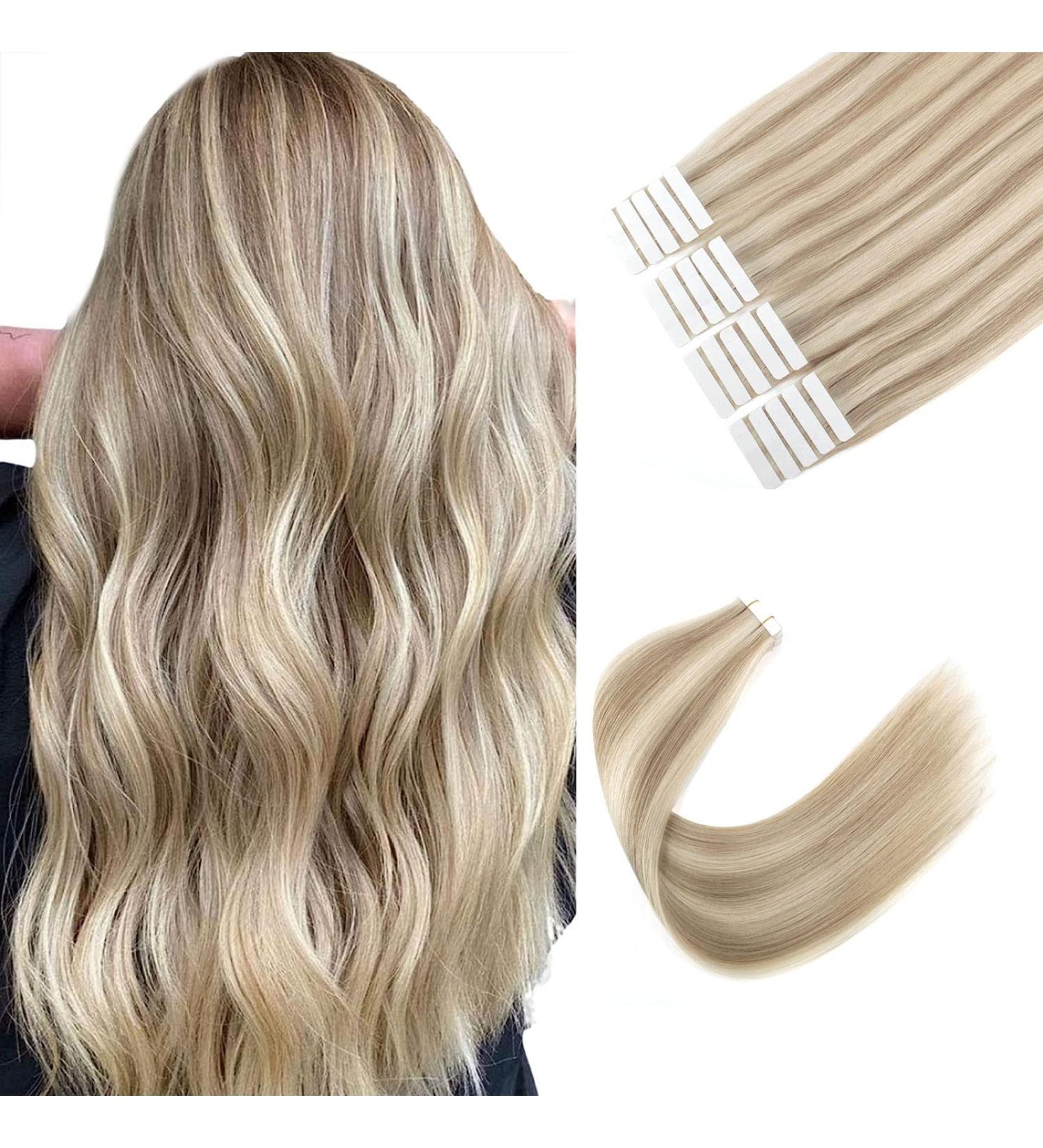 Sixstar Hair Tape Extensions - 20pcs Real Remy Hair Invisible Tape Ash Blonde #8/60 50g 30cm/35cm - Buy Online on GoSupps.com