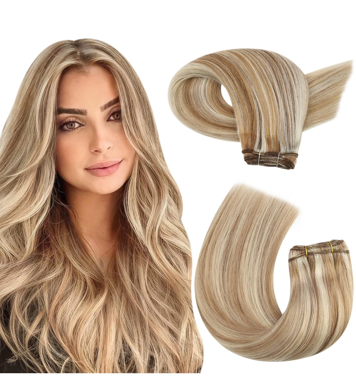 Moresoo Double Weft Blonde Human Hair Extensions 24 Inch - Medium Brown with Platinum Blonde Sew in Hair Extensions - 100g/Pack #P6/60 - Buy Online on GoSupps.com