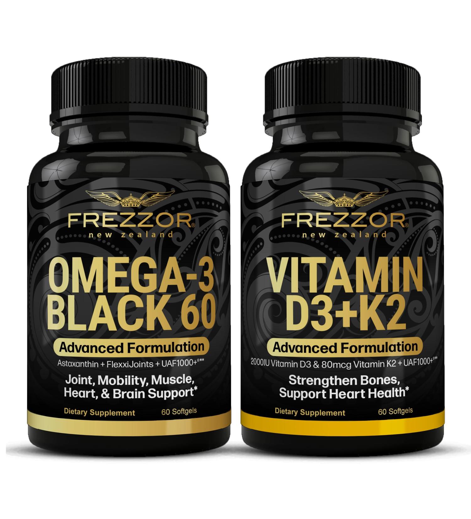 FREZZOR Omega 3 Black Green Lipped Mussel Oil 53x Higher Potency for Superior Joint Comfort & Mobility No Fishy Aftertaste 1 Bottle 60 Softgels Plus 1 Bottle of Vitamin D3+K2