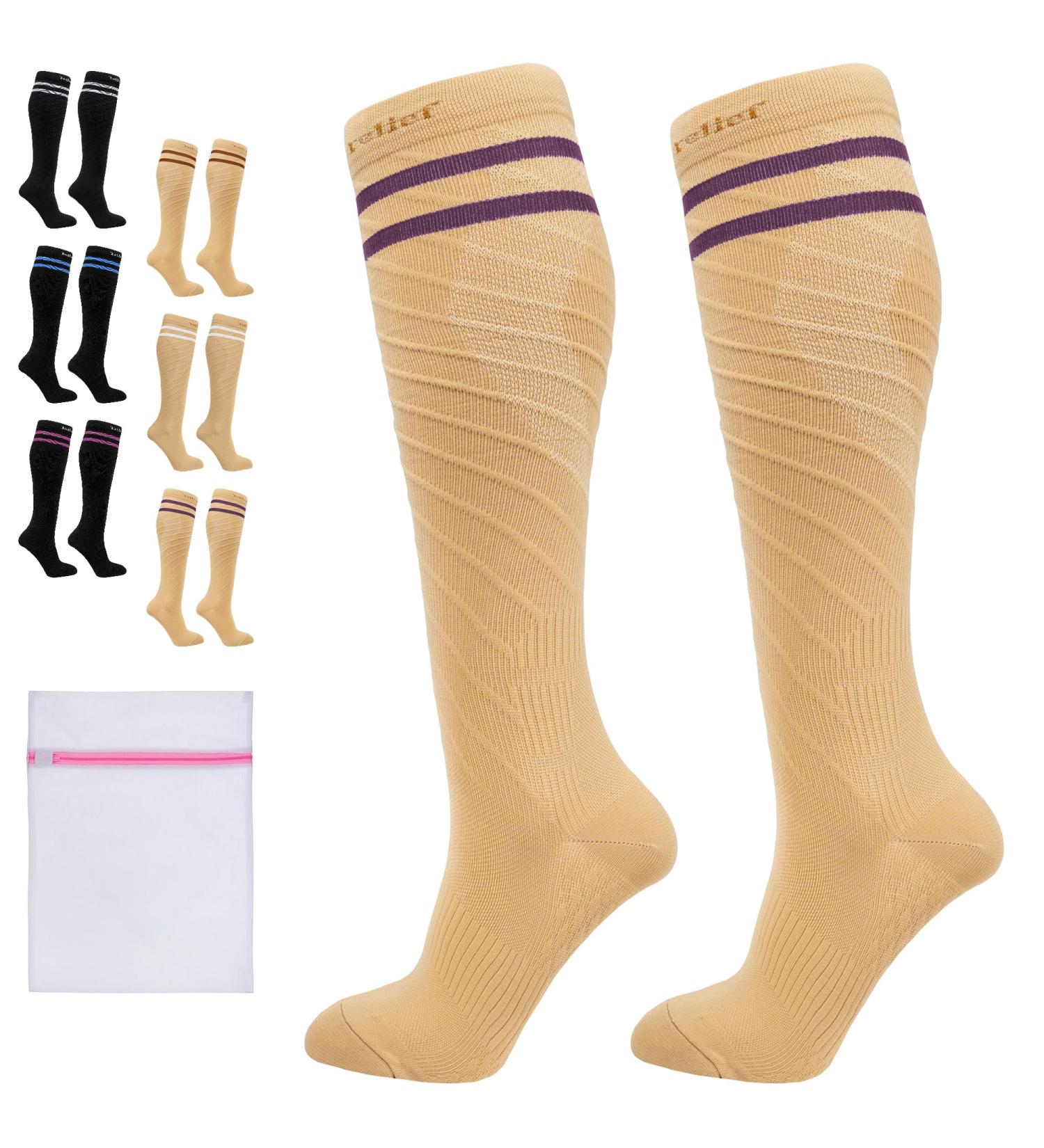 360 RELIEF - Flight Compression Socks Supports | Blood Circulation Travel Work S-M 2Pairs-Beige with 2 Plum Purple lines - Buy Online on GoSupps.com
