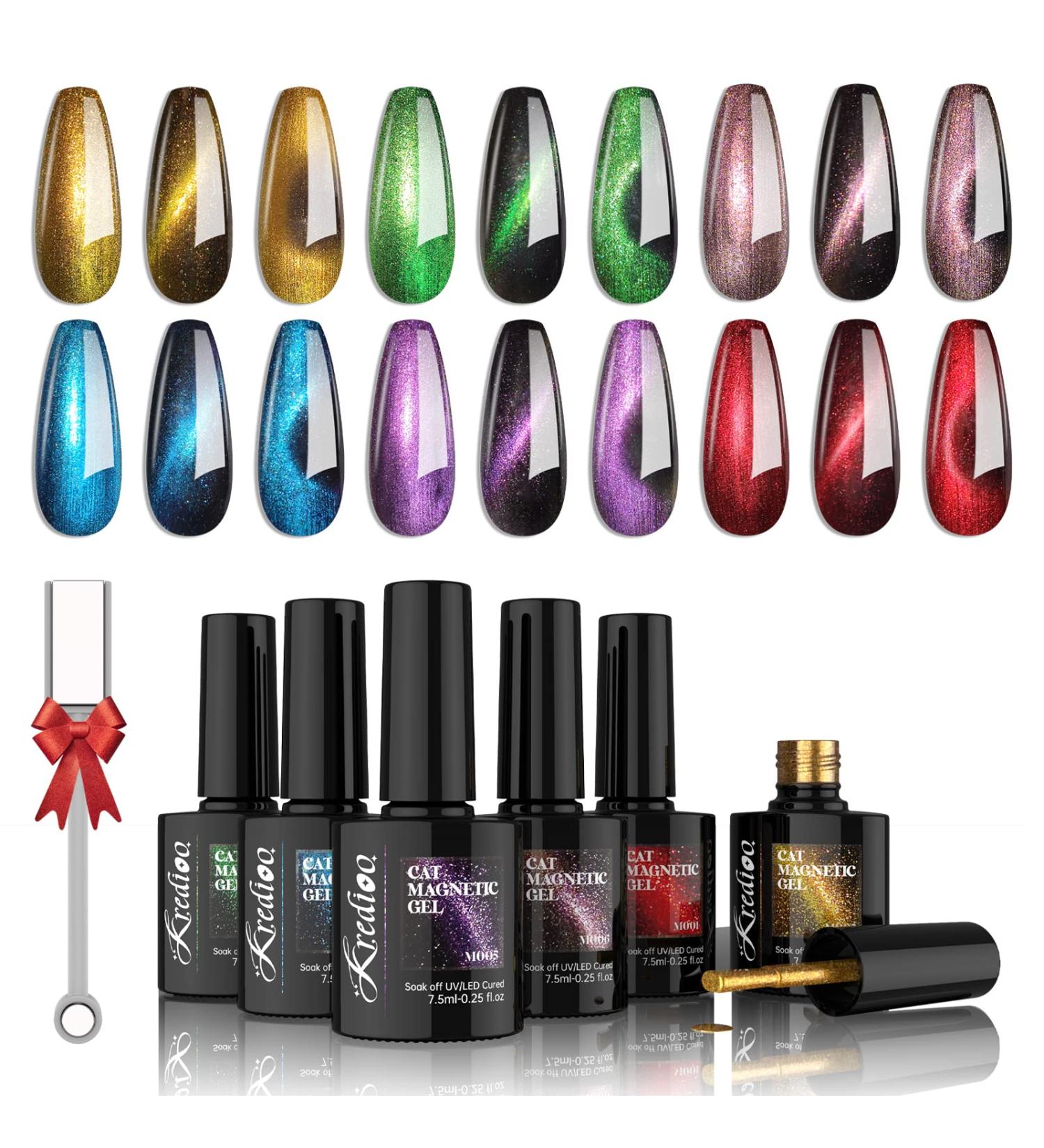 Kredioo Cat Eye Gel Nail Polish Set 6 Colors Gold Red Blue Green Magic 9D Magnetic Gel Polish Kit for Nail Art Soak Off LED UV 18 Effects Gel Salon Home DIY Manicure with Magnet Stick - Buy Online on GoSupps.com