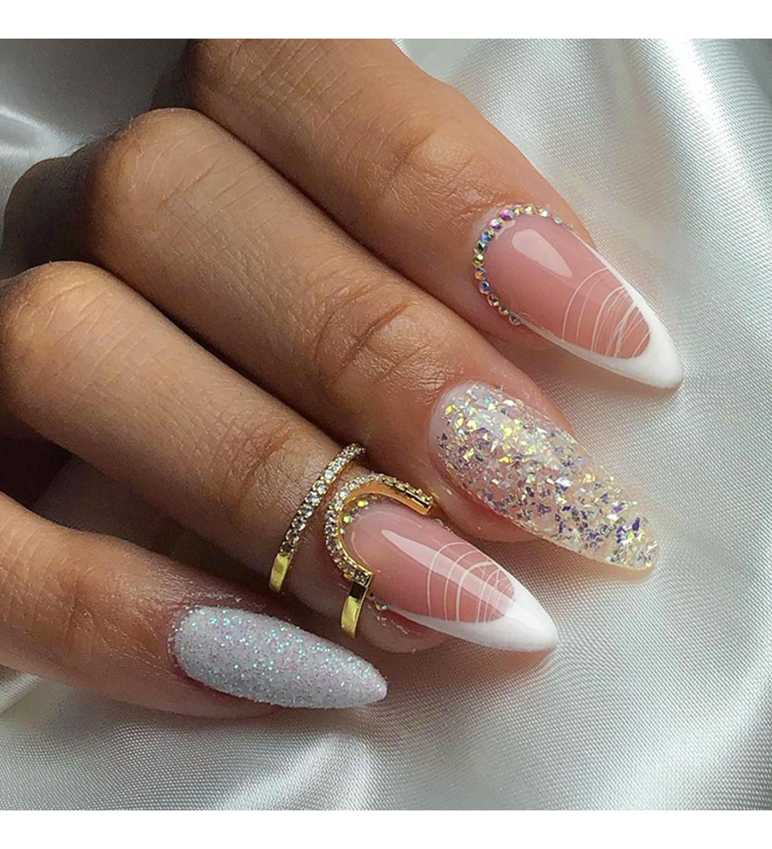 24Pcs Almond French Tips Medium False Nails with Adhesive Tabs - Glossy White Lines, Acrylic Full Cover Stick on Nails for Women - DIY Nail Art - Buy Online on GoSupps.com