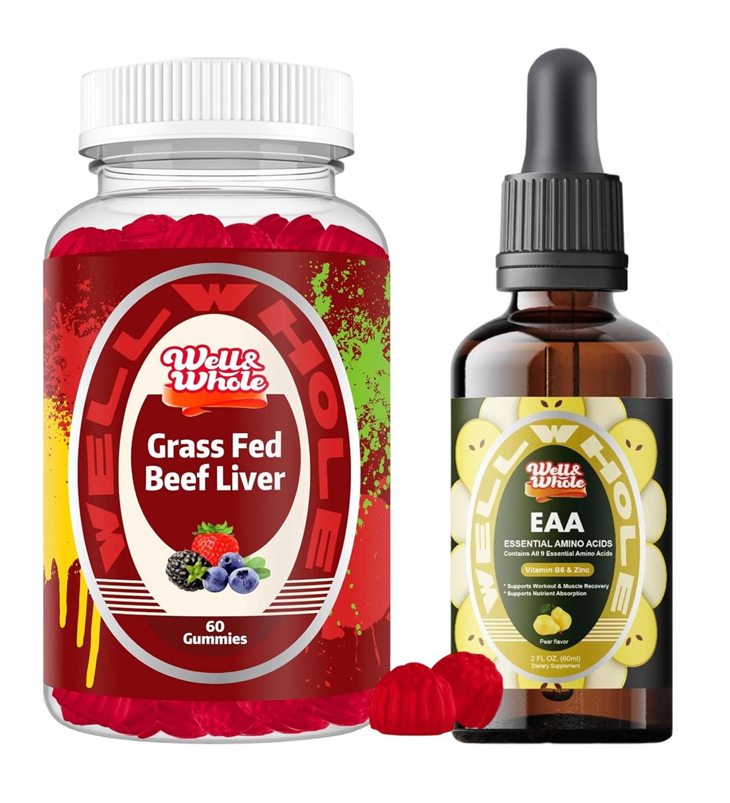 Well&Whole Grass Fed Beef Liver Gummies and Essential Amino Acid (EAA) Liquid Drops & Liver Support Liquid Supplement - Buy Online on GoSupps.com