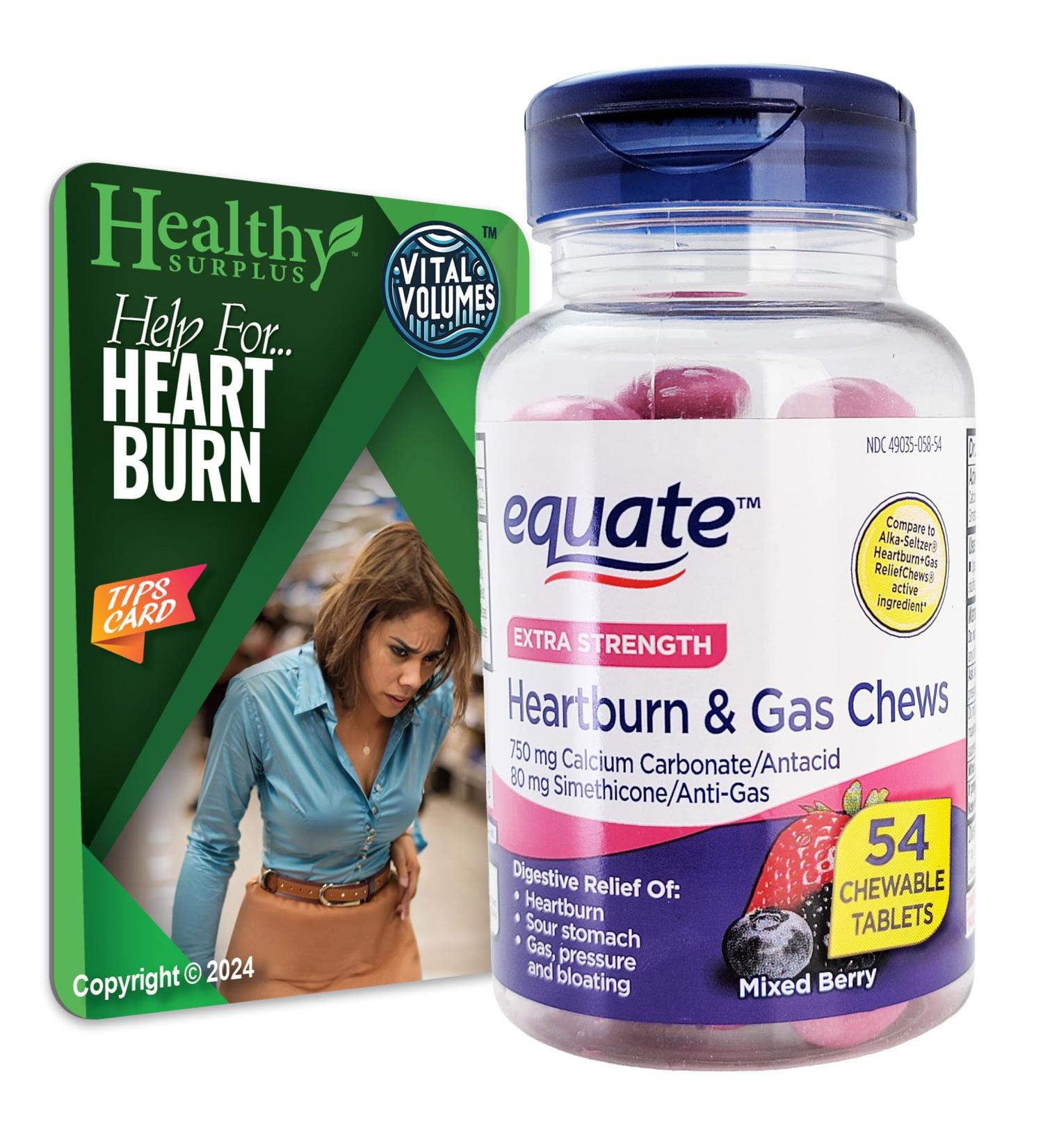 Healthy Surplus Equate Extra Strength Heartburn & Gas Chews - 750 mg Calcium Carbonate Antacid 80 mg Simethicone Gas Relief and Vital Volumes Heartburn Tips Card - Buy Online on GoSupps.com