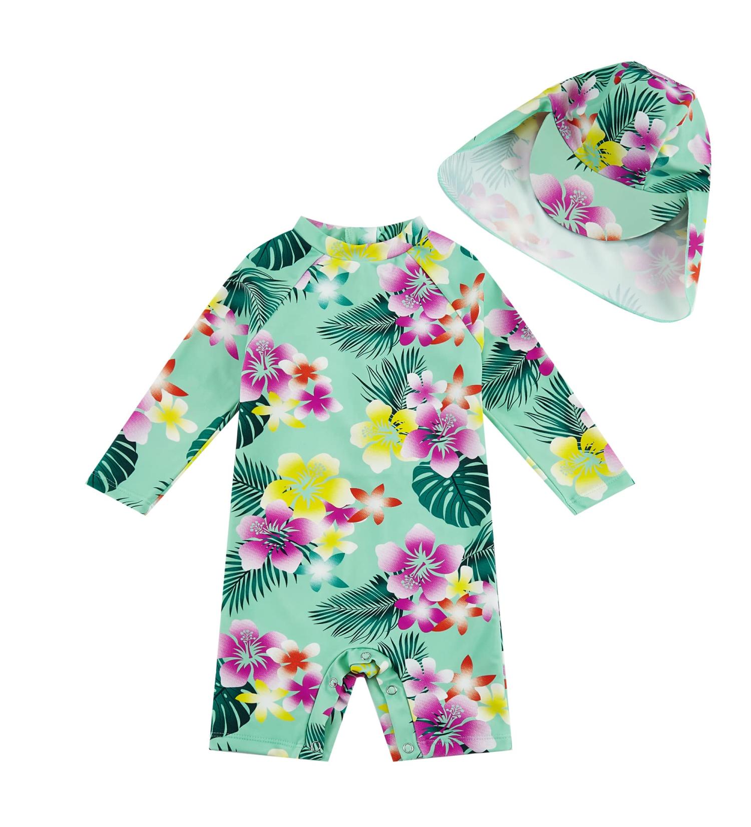 UPF 50+ Sun Protection Baby Girls Swimsuit with Snap Bottom | Green Flower | 18-24 Months - Buy Online on GoSupps.com