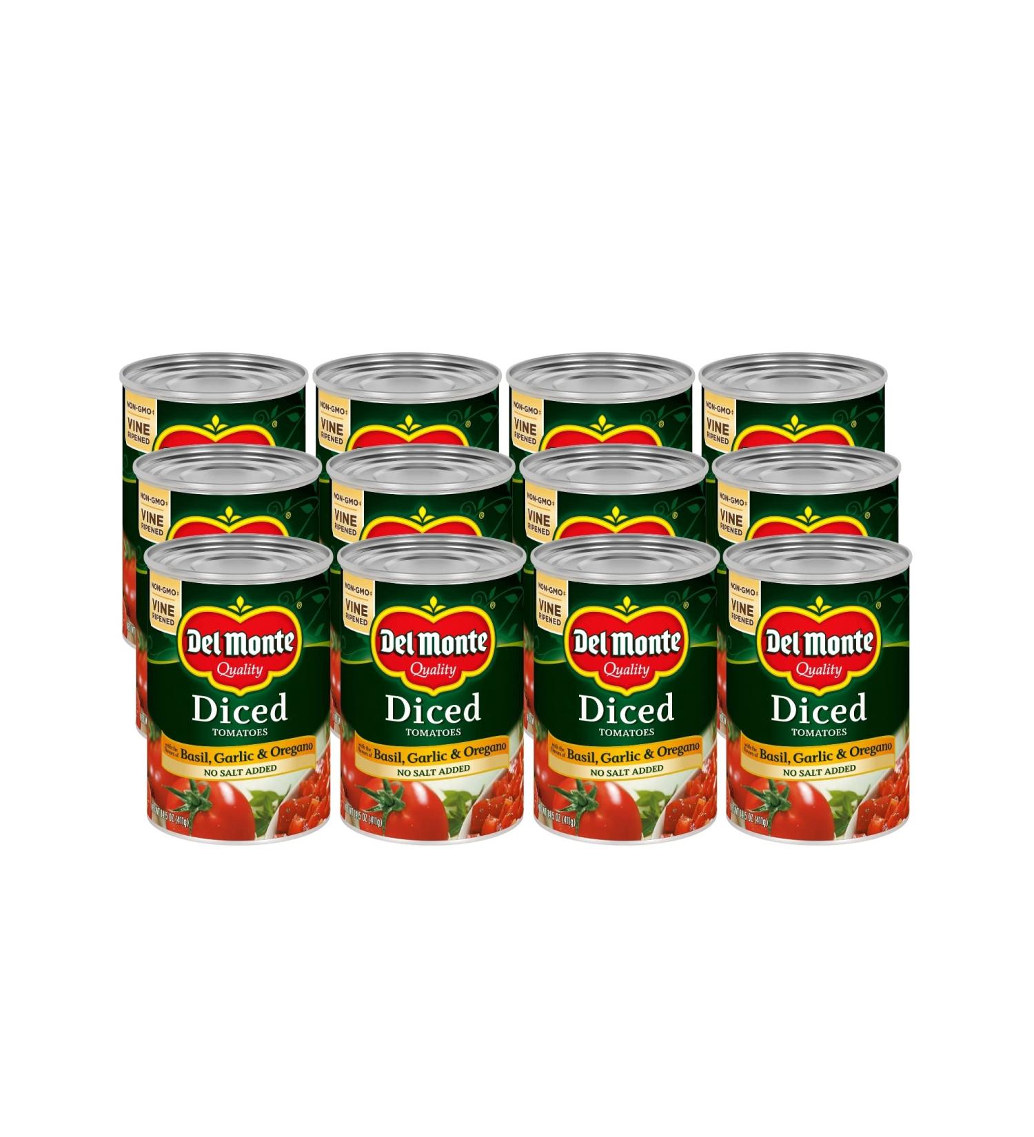 Del Monte Canned Diced Tomatoes with Basil, Garlic, Oregano - No Added Salt - 14.5oz (Pack of 12) - Buy Online on GoSupps.com