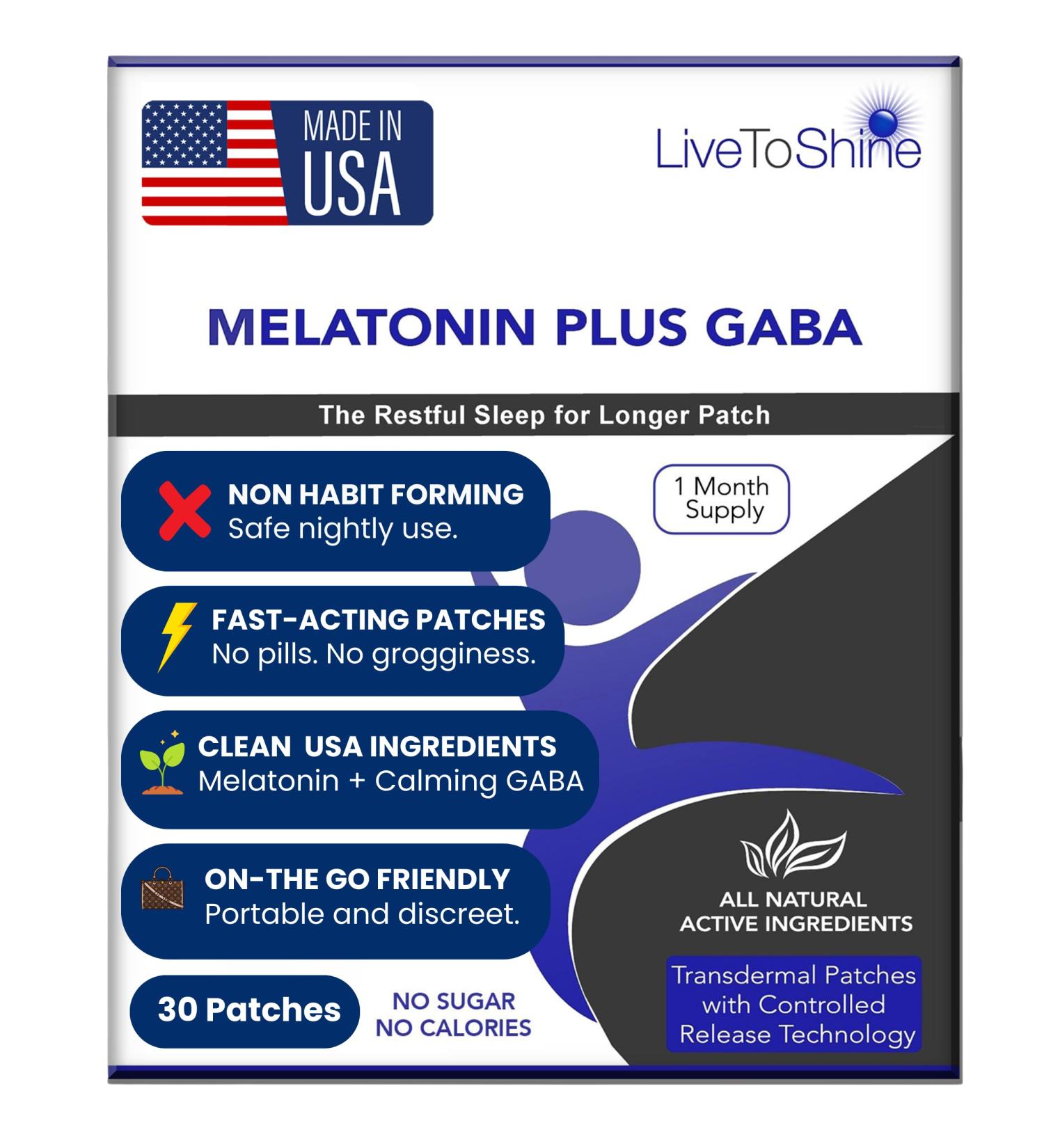 Live To Shine Melatonin Sleep Patches with GABA Calm Busy Minds & Support Restful Sleep Slow Release Transdermal Patch 30 Patches No Pills or Gummies Made in USA - Buy Online on GoSupps.com