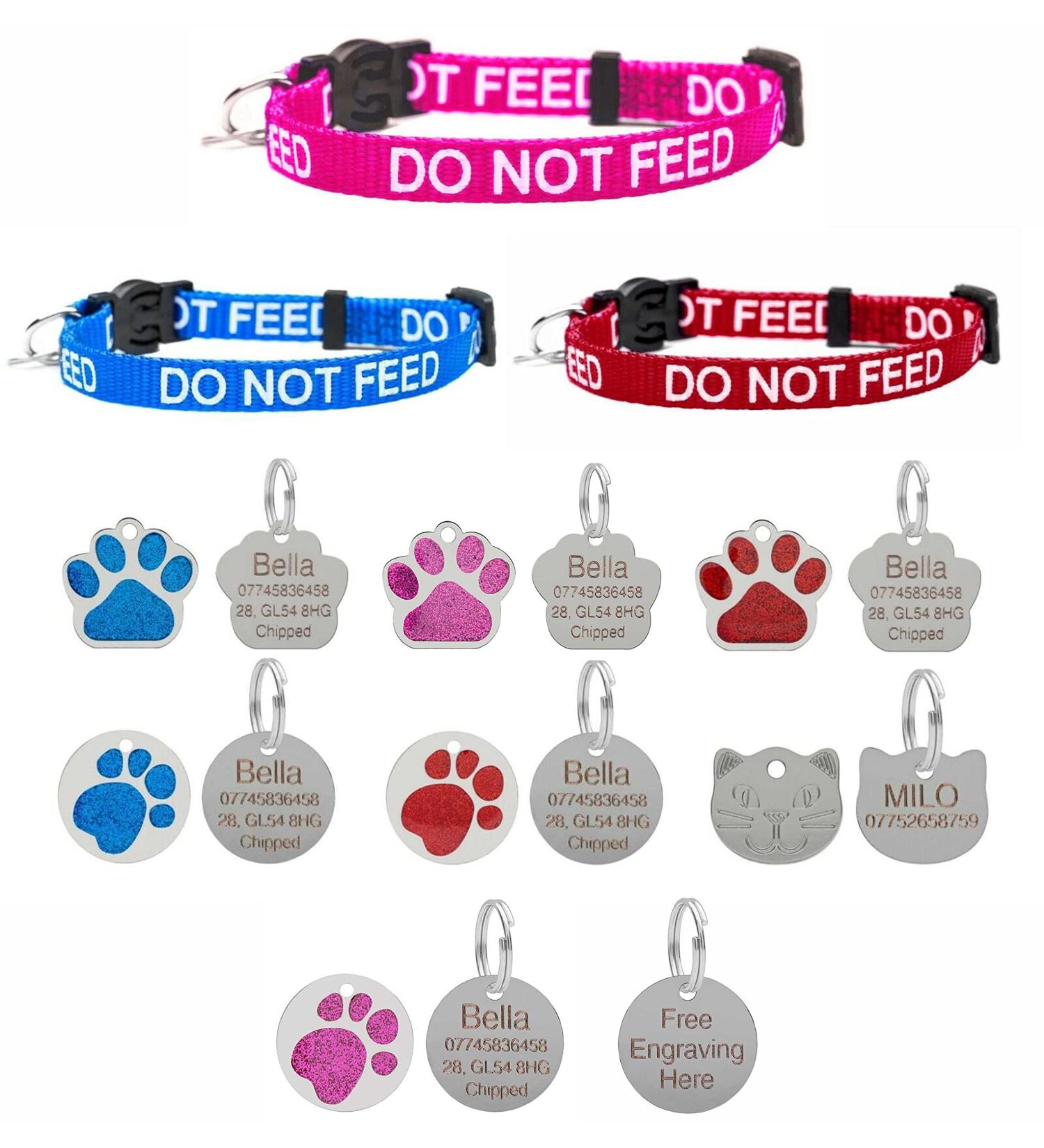Cat Collar DO NOT Feed in Red Pink Or Blue Safety Release & Optional Engraved ID Tag (Blue 25mm Plain Silver Tag)