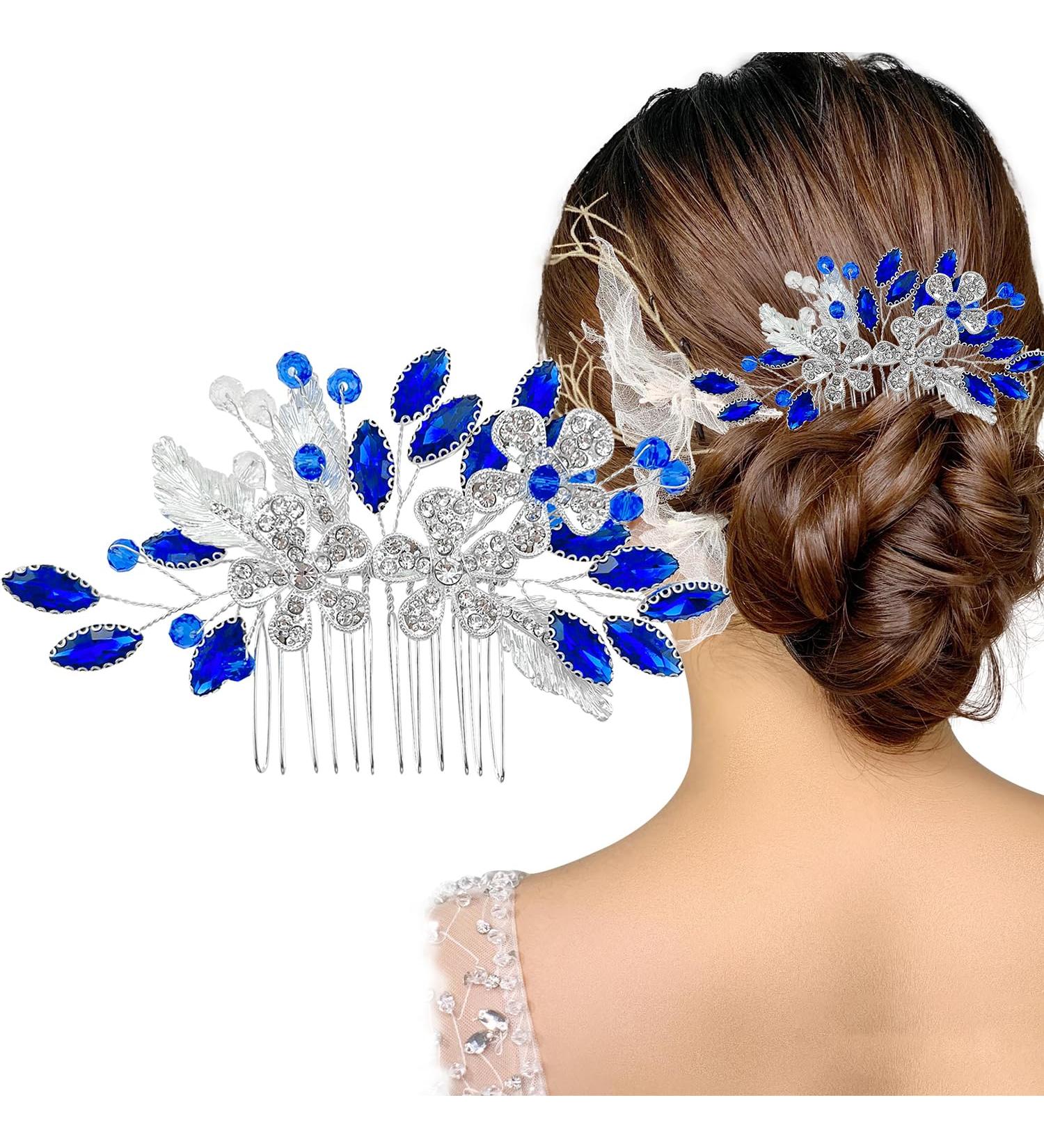 Flower Bridal Blue Rhinestone Hair Comb Hair Accessories Rhinestone Hair Piece for Women and Girls - Buy Online on GoSupps.com