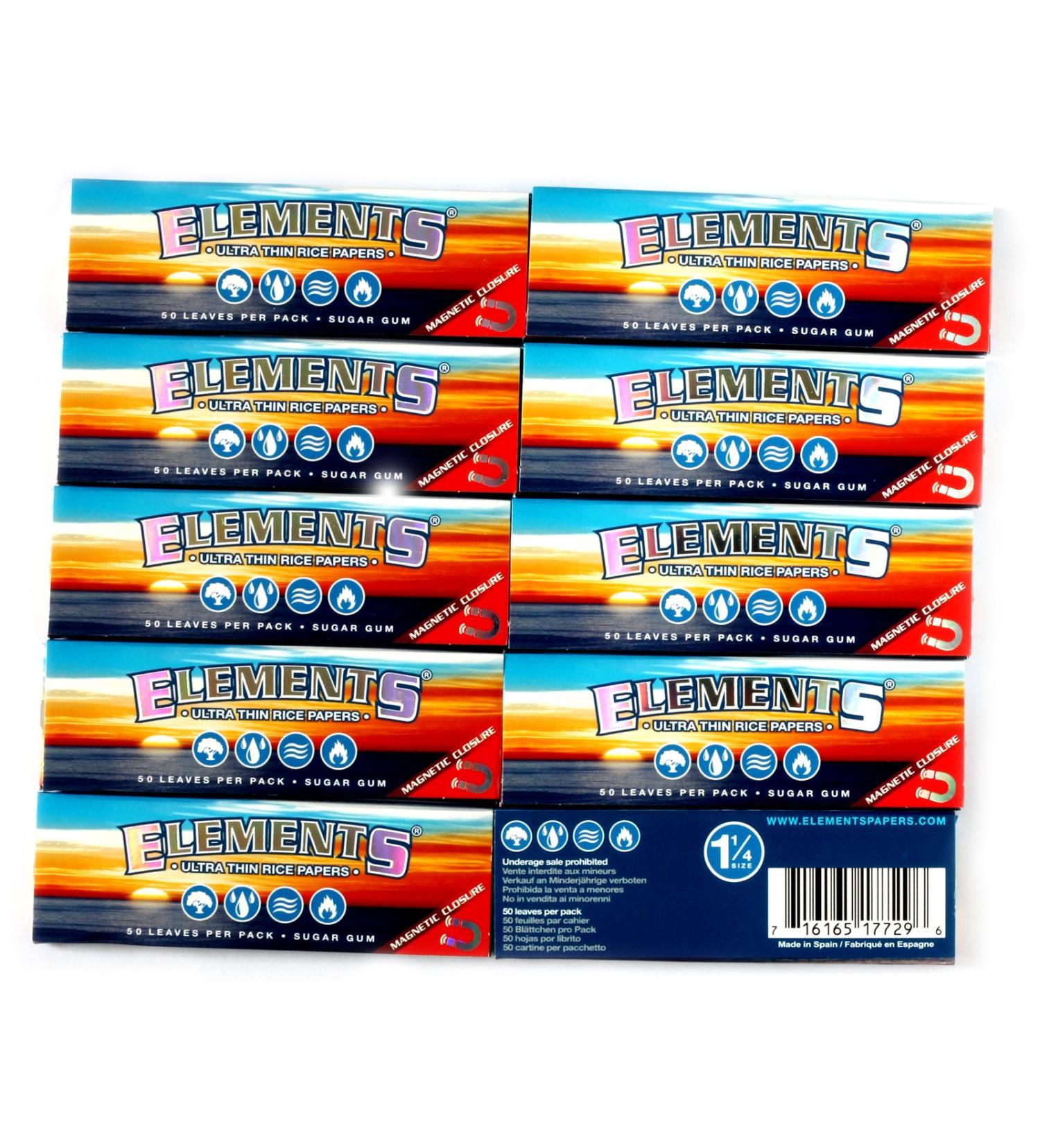 Elements 1.25 1 1/4 Size Ultra Thin Rice Rolling Paper with Magnetic Closure 10 Packs