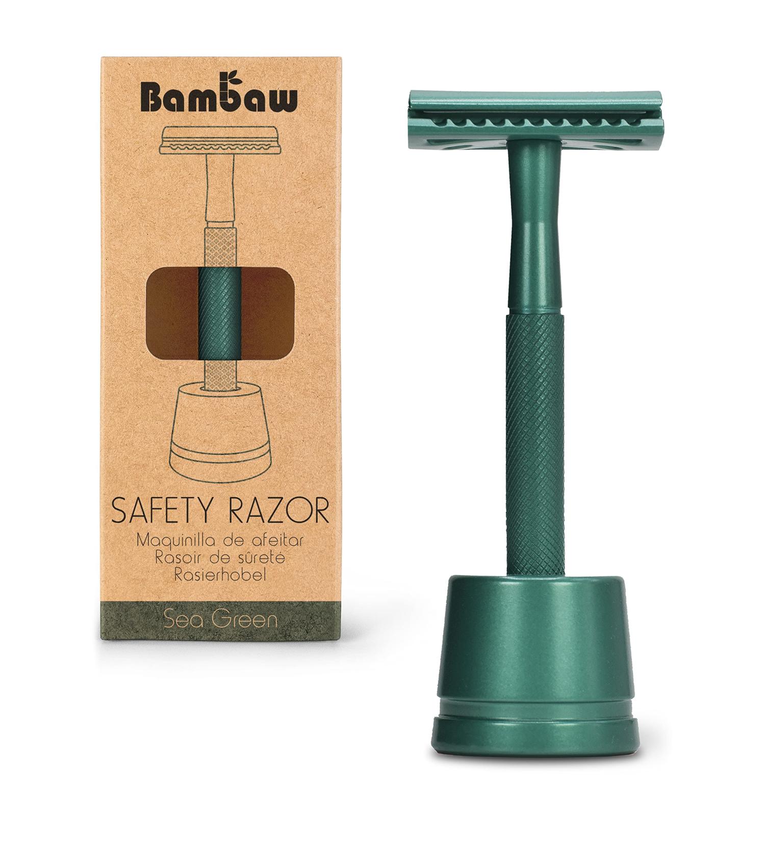 Eco-Friendly Bambaw Sea Green Double Edge Safety Razor for Men with Stand | Reusable Metal DE Razor - Buy Online on GoSupps.com