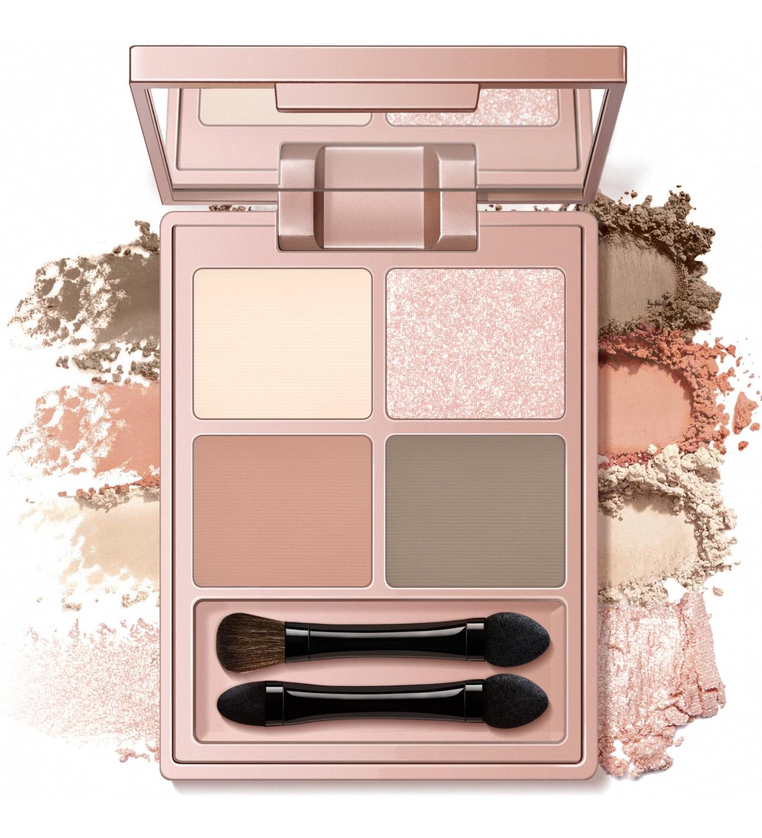 4 Colors Nude Eyeshadow Palette - Matte & Glitter Neutral Eyeshadow for Travel | High Pigment Blendable Coffee Beige Peach Pink Shades | Includes 2 Built-in Brushes - Buy Online on GoSupps.com