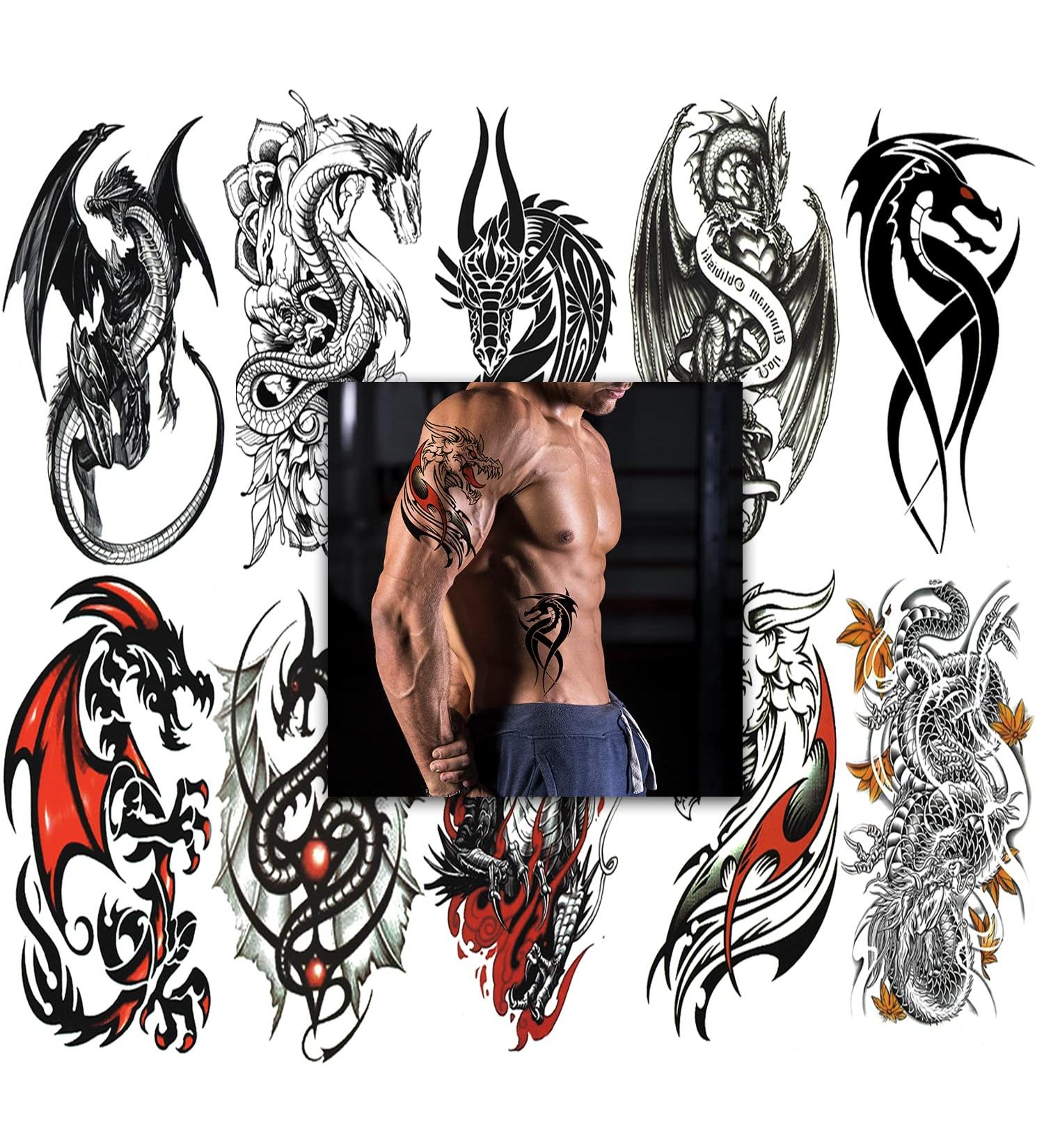 Large Dragon Temporary Tattoo Stickers - Set of 10 Sheets for Men, Women, and Teens - Realistic Black Tribal Totem Dragons - Body Art Sleeve Tattoos - Buy Online on GoSupps.com