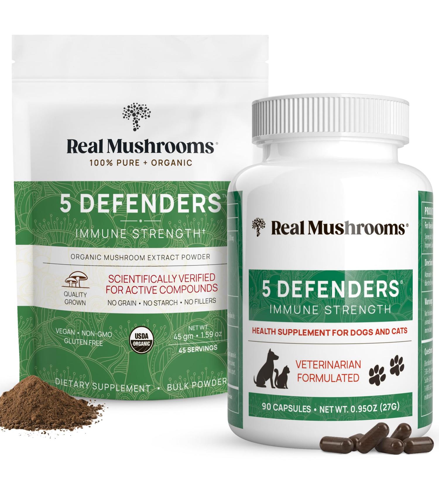 Real Mushrooms 5 Defenders for Humans (45g) & Pets (90ct) - Pouch & Capsules Bundle - Chaga Shiitake Maitake Turkey Tail & Reishi Mushroom - for Immune Strength & Overall Wellbeing - Vegan Non-GMO - Buy Online on GoSupps.com