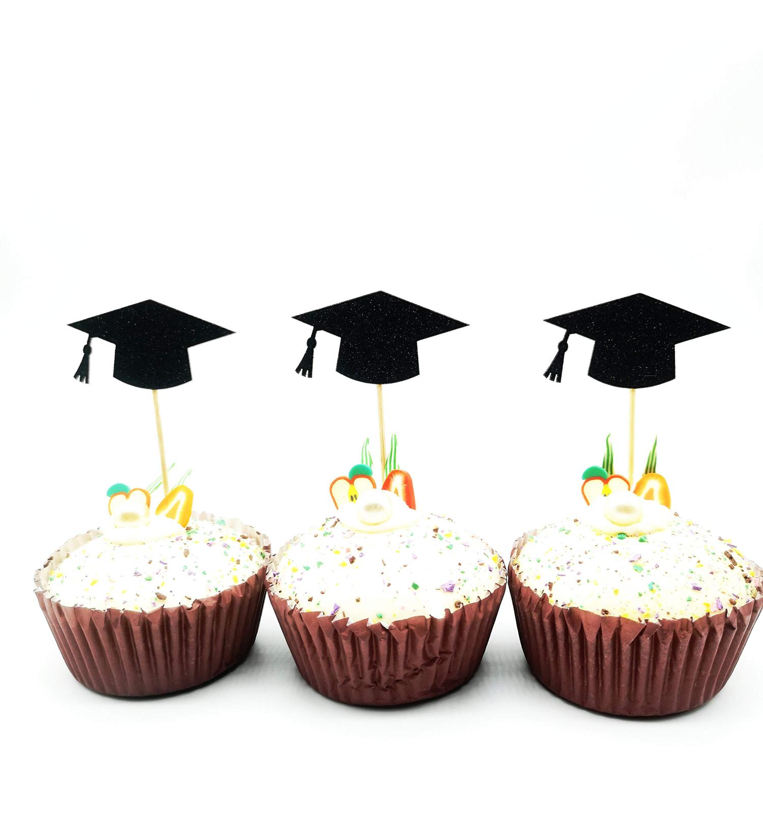 Black Graduation Cap Cupcake Toppers Double Side Graduation Party Cupcake Toppers Graduation Party Supplies Set of 20