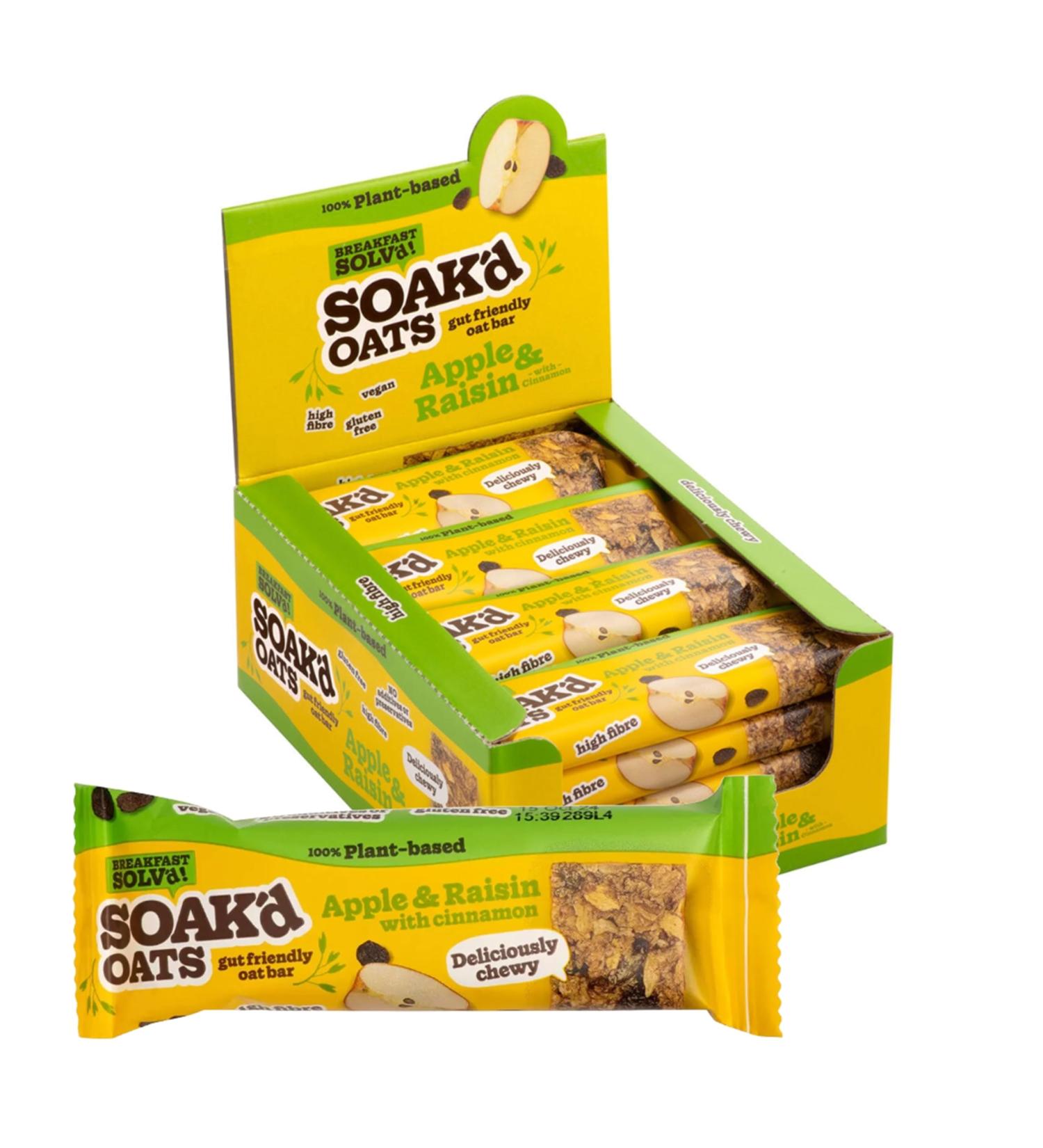 SOAK'd Oats Healthy Breakfast Bars - Box of 16 x 42g Gluten Free Apple & Raisin Baked Flapjack Healthy Snacks. Deliciously Chewy & Gut Friendly High Fibre Oat Bars for Lunck Box Gym - Buy Online on GoSupps.com