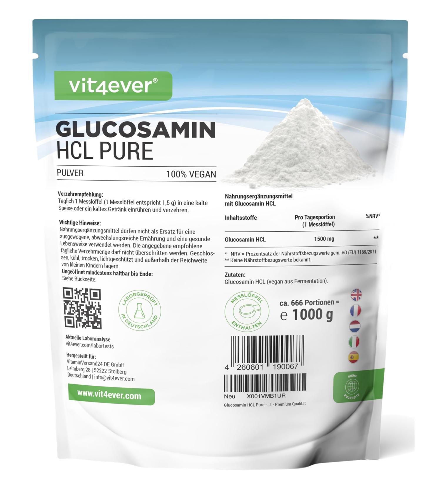 Glucosamine HCL Pure Powder - 1000g Vegan High-Dose Additive-Free - Premium Quality Plant-Based & Lab Tested - Ideal for Joint Health - Buy Online on GoSupps.com