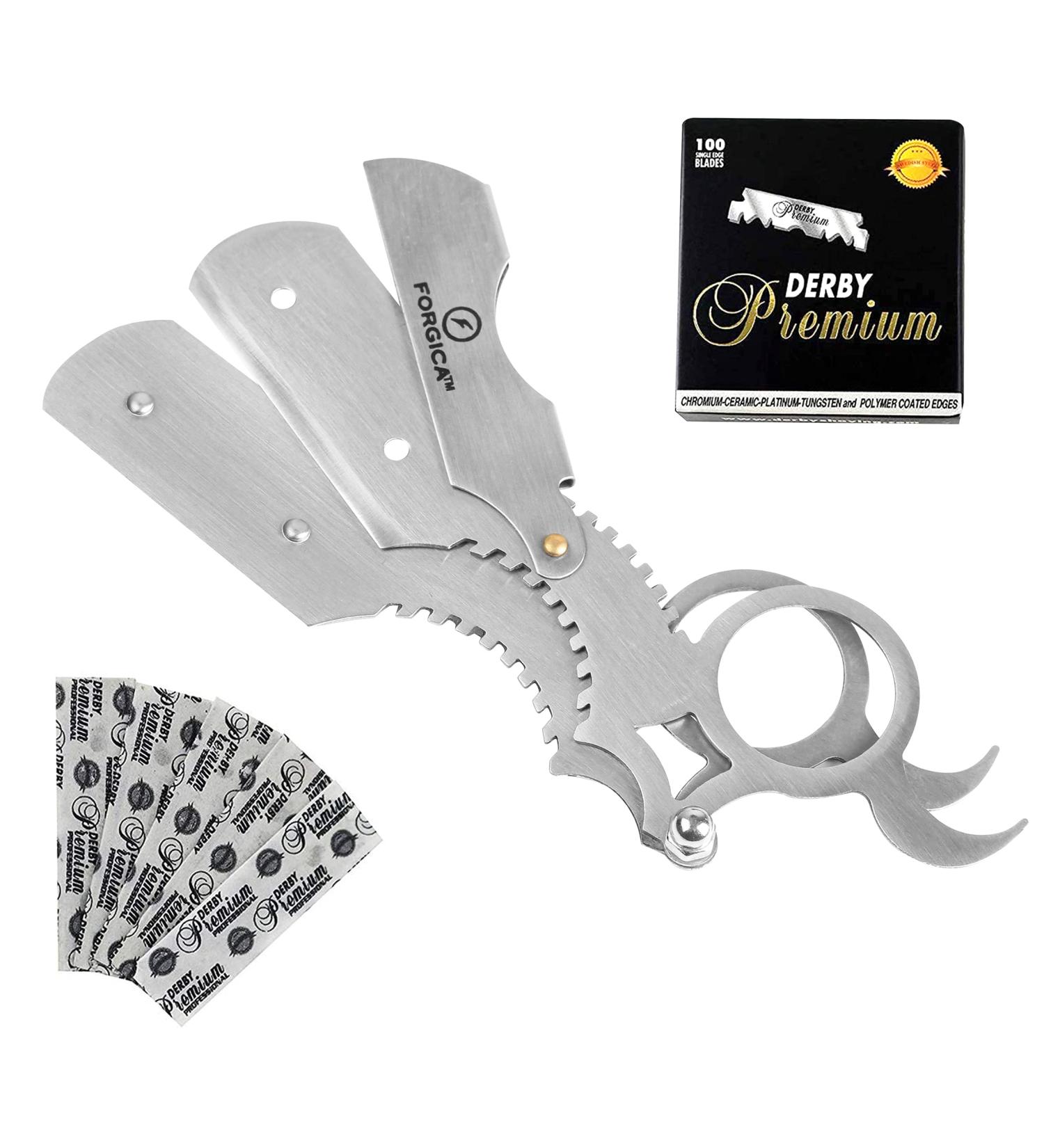 FORGICA Barber Straight Razor - Professional Straight Edge Razor with 100 Derby Blades for Precision Beard Shaping - Silver - Buy Online on GoSupps.com