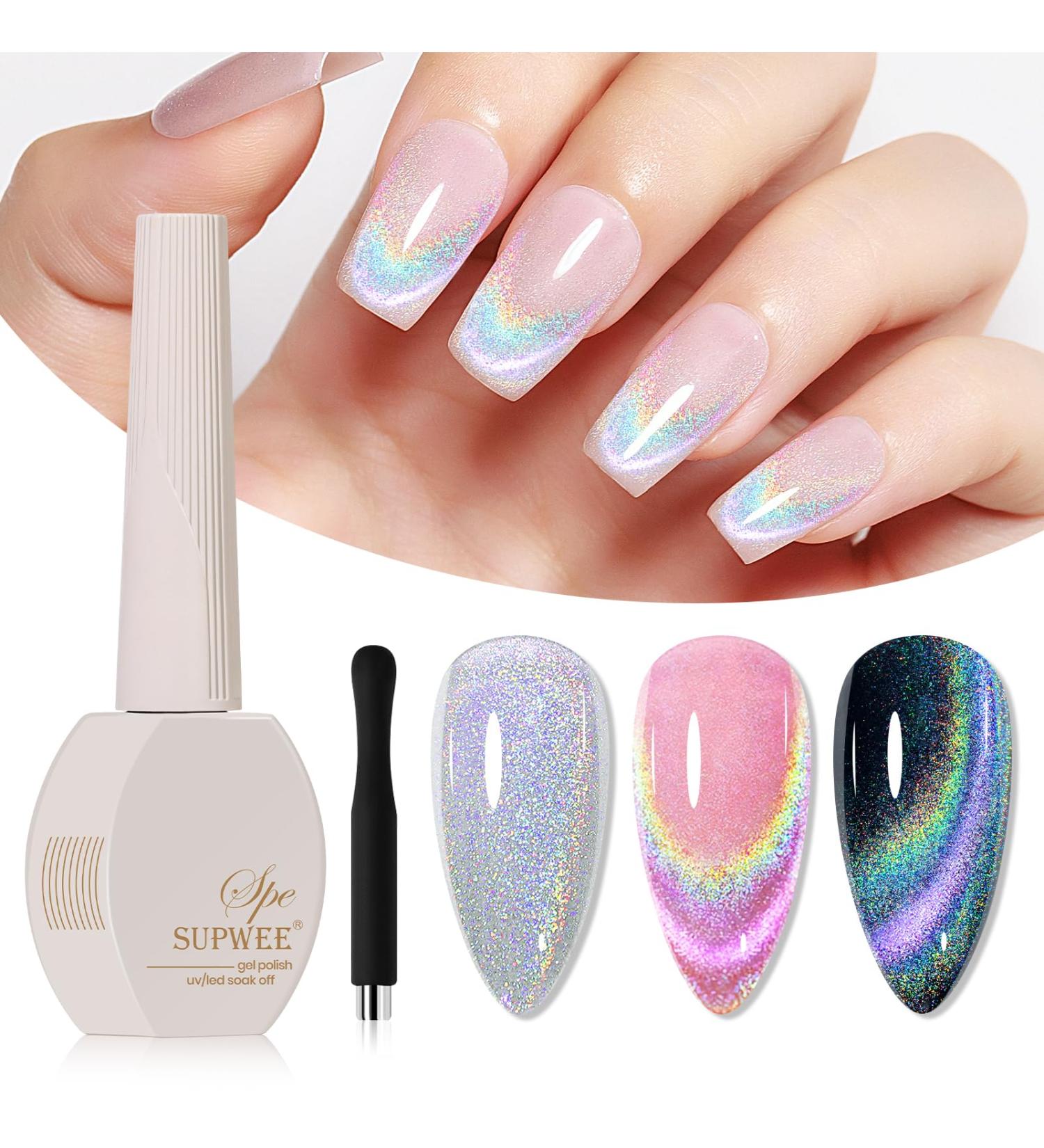 SUPWEE Rainbow Cat Eye Gel Nail Polish 15ML Holographic Glitter 9D Cat Eye Gel Soak Off UV Gel with Magnetic Stick Cat Magnetic Gel Iridescent Home Nail Art DIY Manicure T010 - Buy Online on GoSupps.com