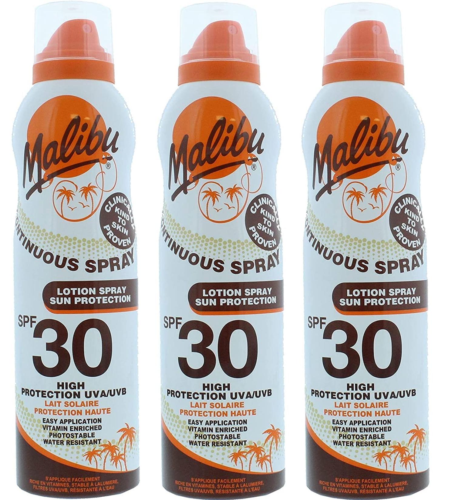Malibu High Protection Water Resistant Vitamin Enriched SPF 30 Sun-Screen Continuous Lotion Spray 175ml 3 Pack