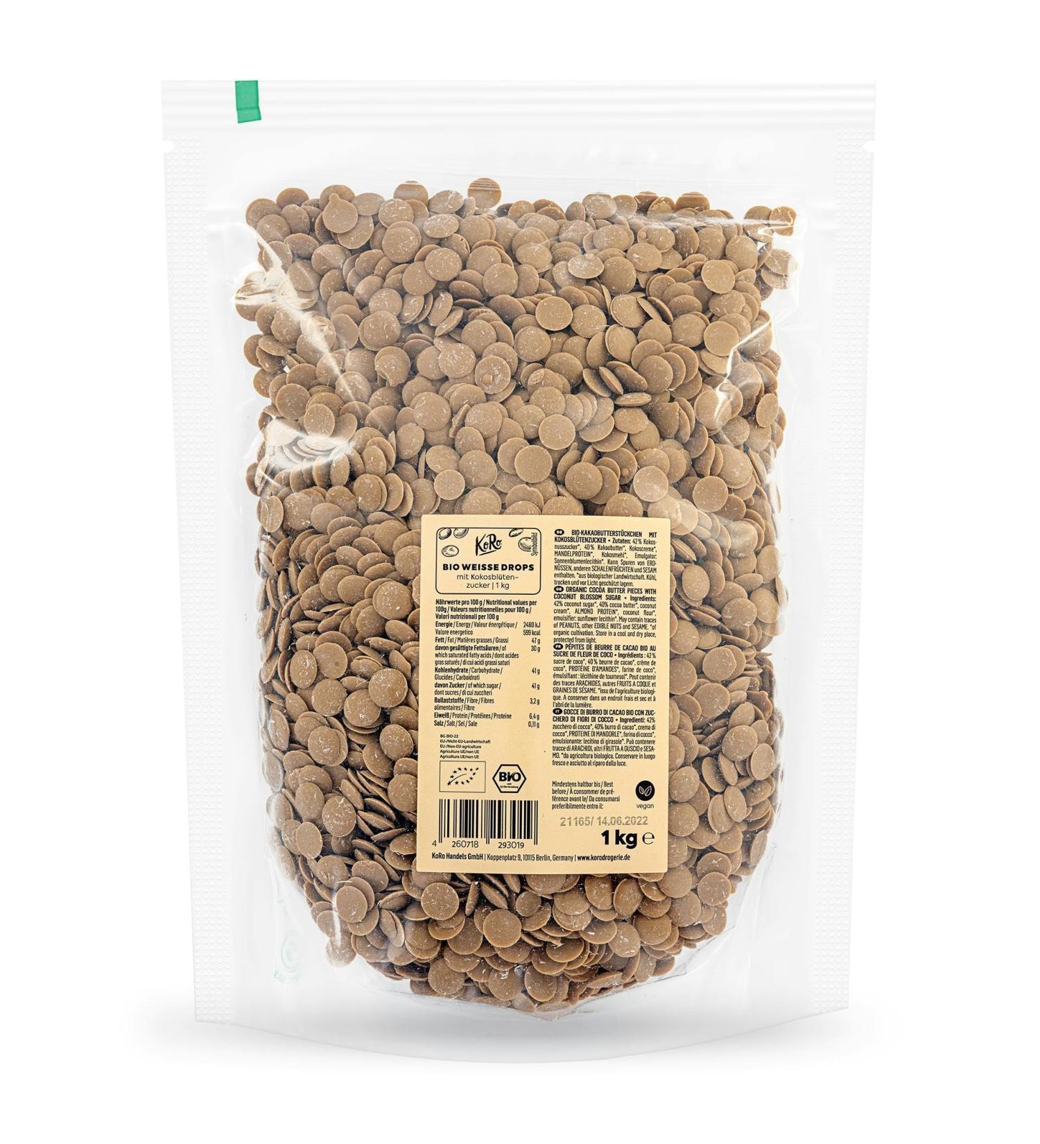 KoRo Organic White Drops with Coconut Blossom Sugar 1 kg - Vegan Caramel-Sweet Flavor for Pastries - Ideal for Baking & Decorating - Buy Online on GoSupps.com